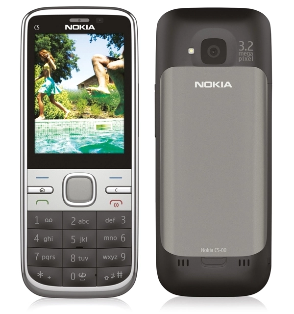 A grey Nokia C5-00 mobile phone with a 3.2 megapixel camera.