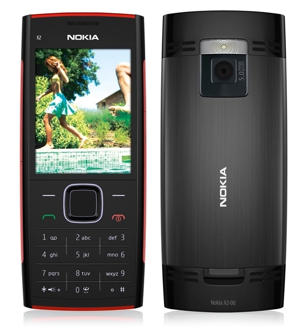 A red and black Nokia X2-02 mobile phone with a 5-megapixel camera.