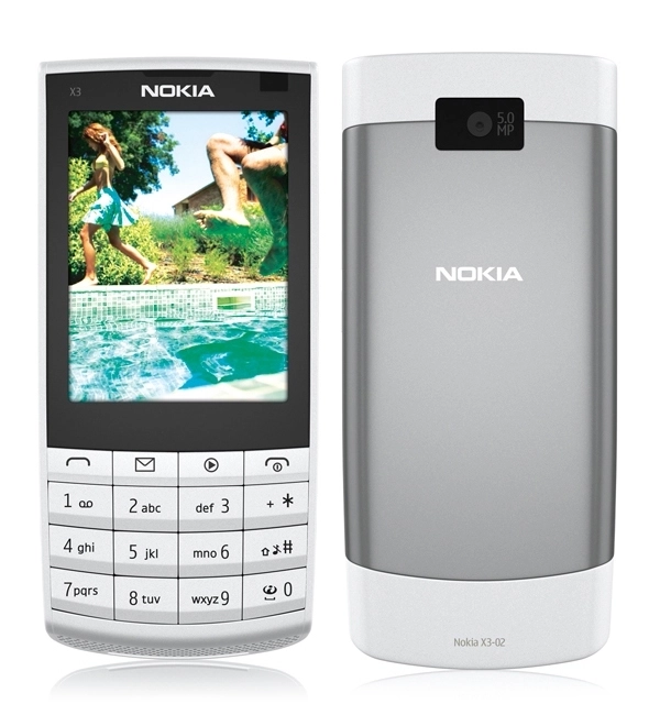 A white Nokia X3-02 mobile phone with a 5-megapixel camera.