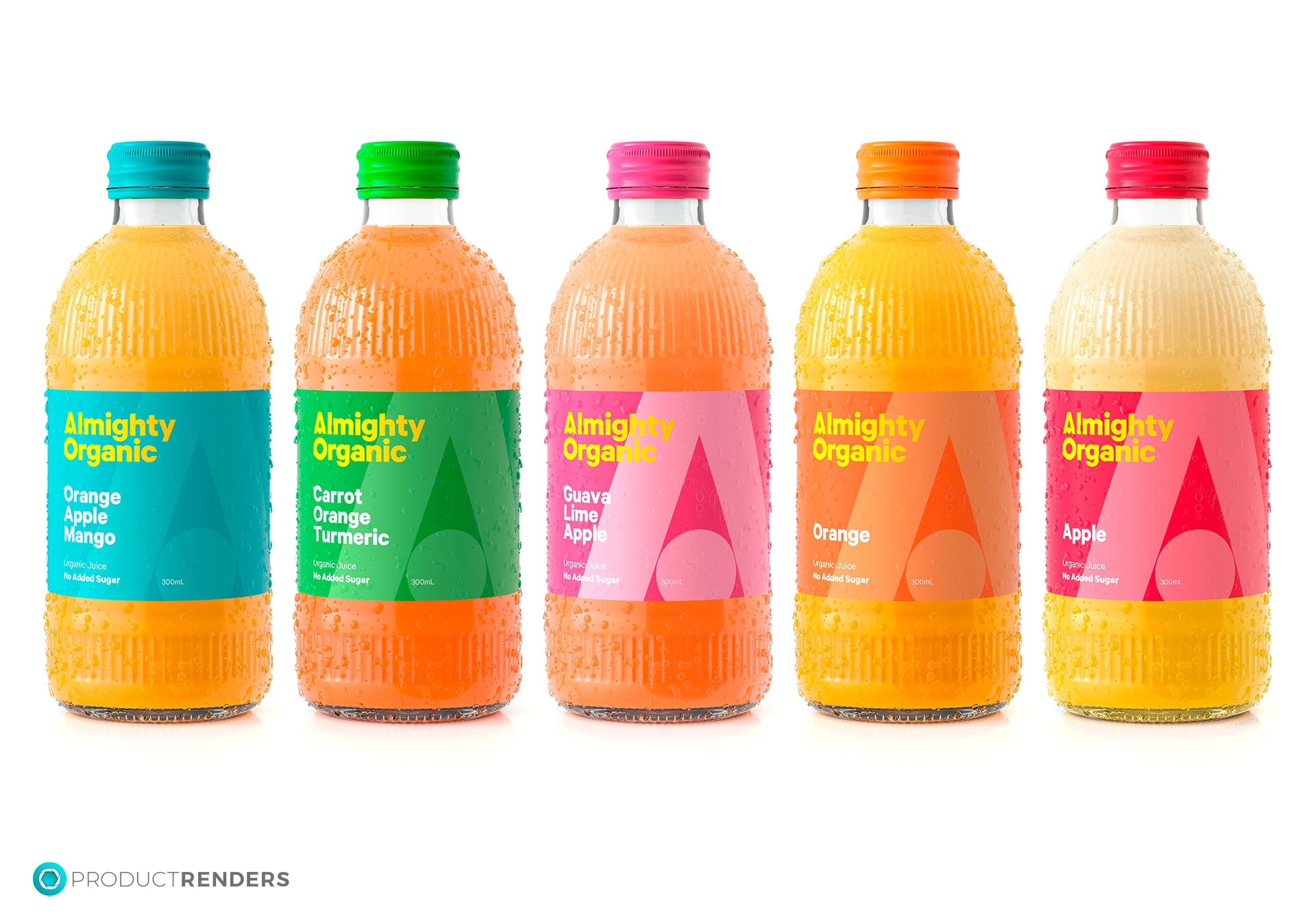 Five Almighty Organic juice bottles in Orange Apple Mango, Carrot Orange Turmeric, Guava Lime Apple, Orange, and Apple flavours.