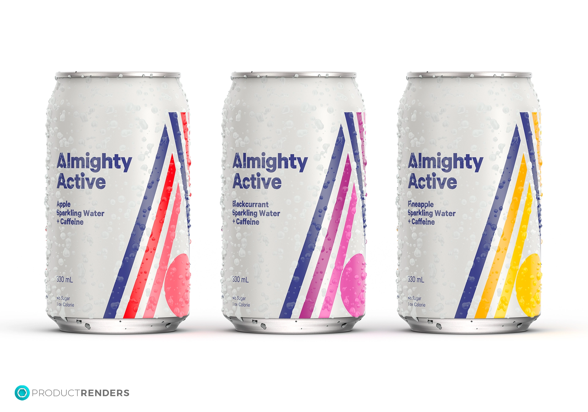 Three Almighty Active sparkling water cans in Apple, Blackcurrant, and Pineapple flavours with added caffeine.