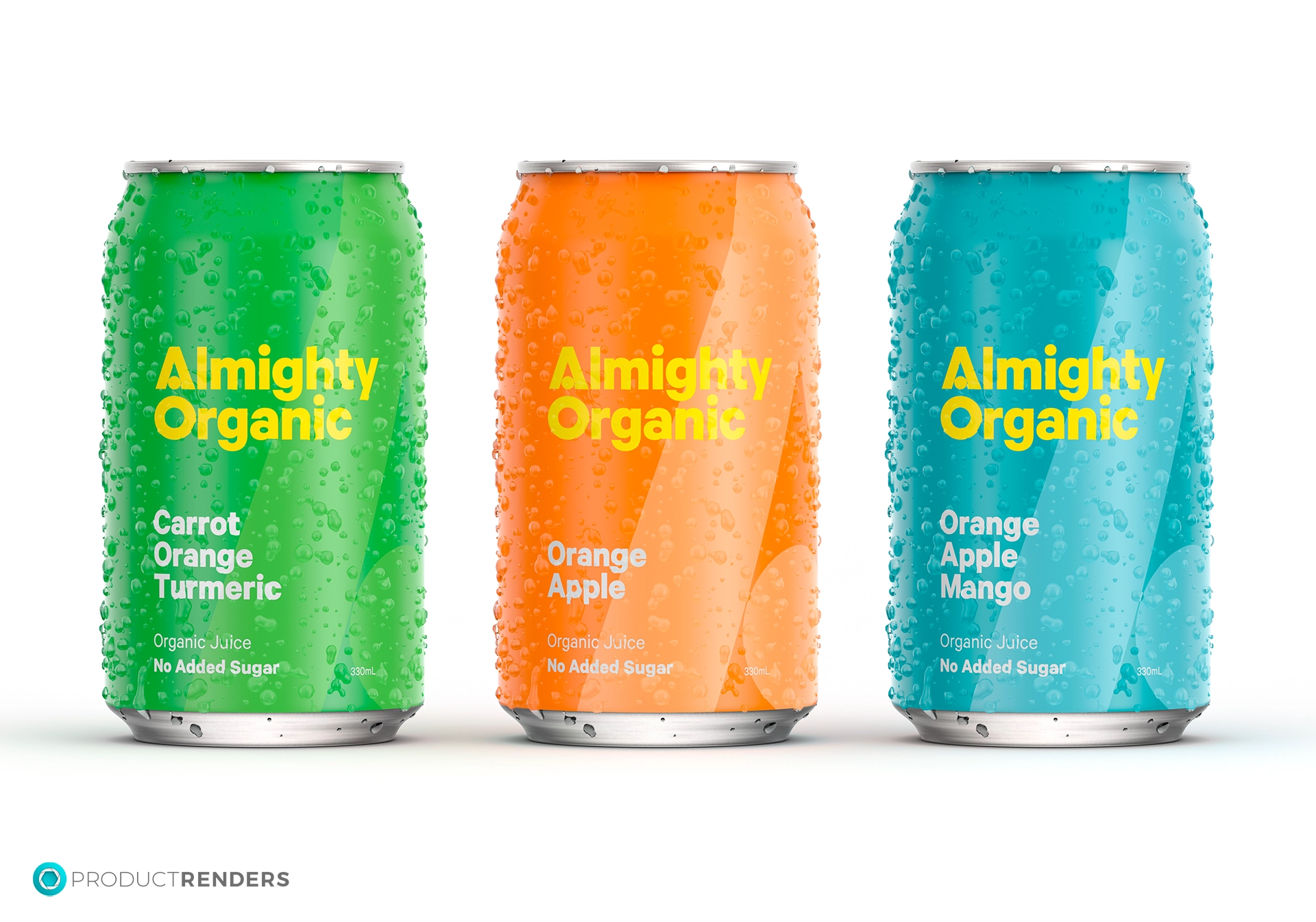 Three Almighty Organic juice cans in Carrot Orange Turmeric, Orange Apple, and Orange Apple Mango flavours.