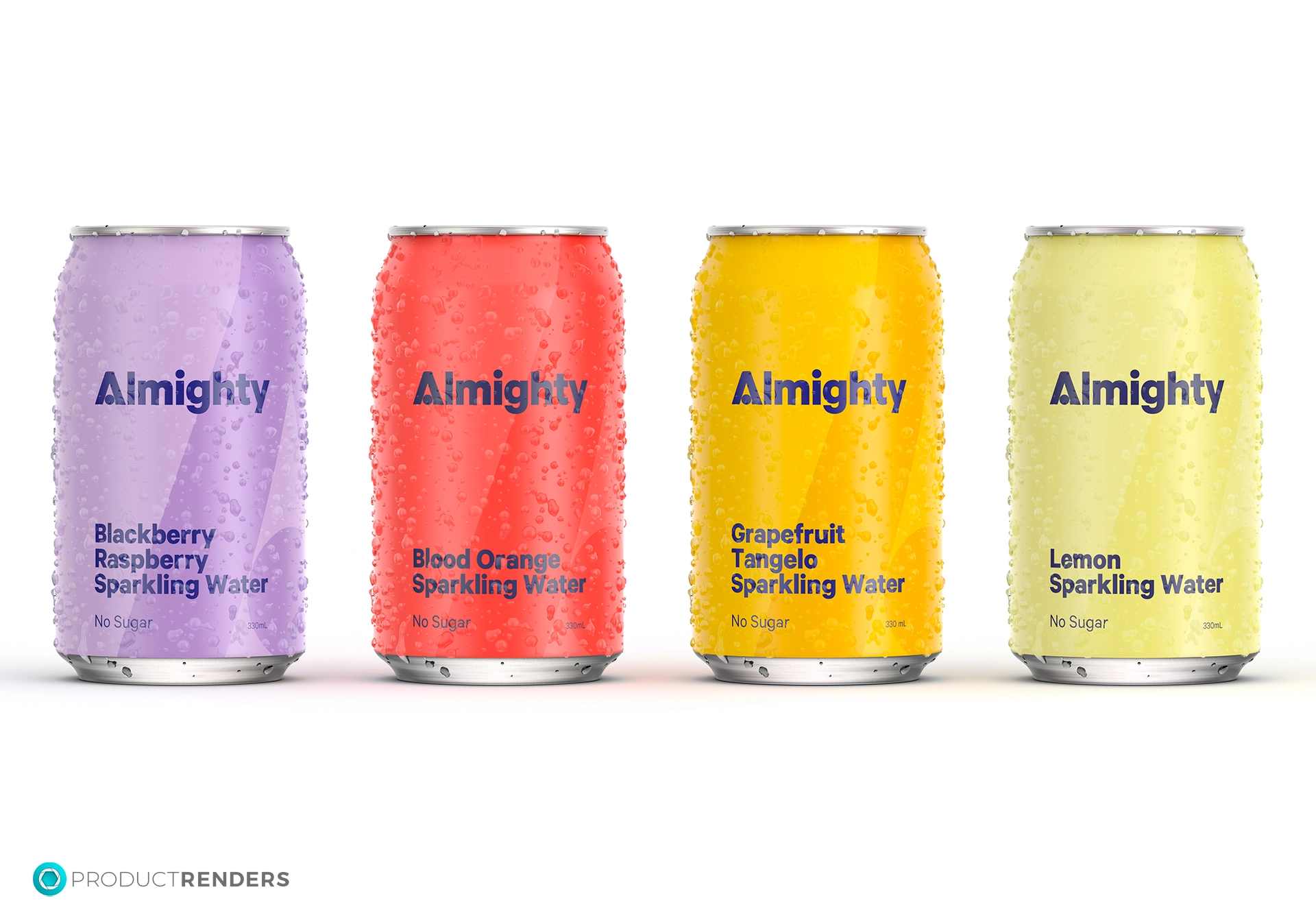 Four Almighty sparkling water cans in Blackberry Raspberry, Blood Orange, Grapefruit Tangelo, and Lemon flavours.