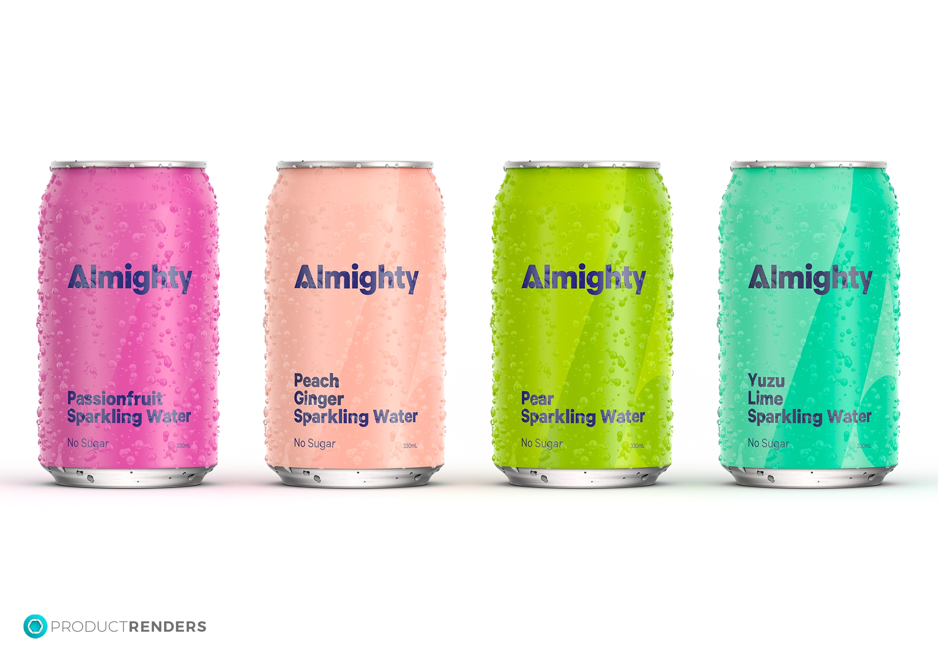 Four Almighty sparkling water cans in Passionfruit, Peach & Ginger, Pear, and Yuzu & Lime flavours.