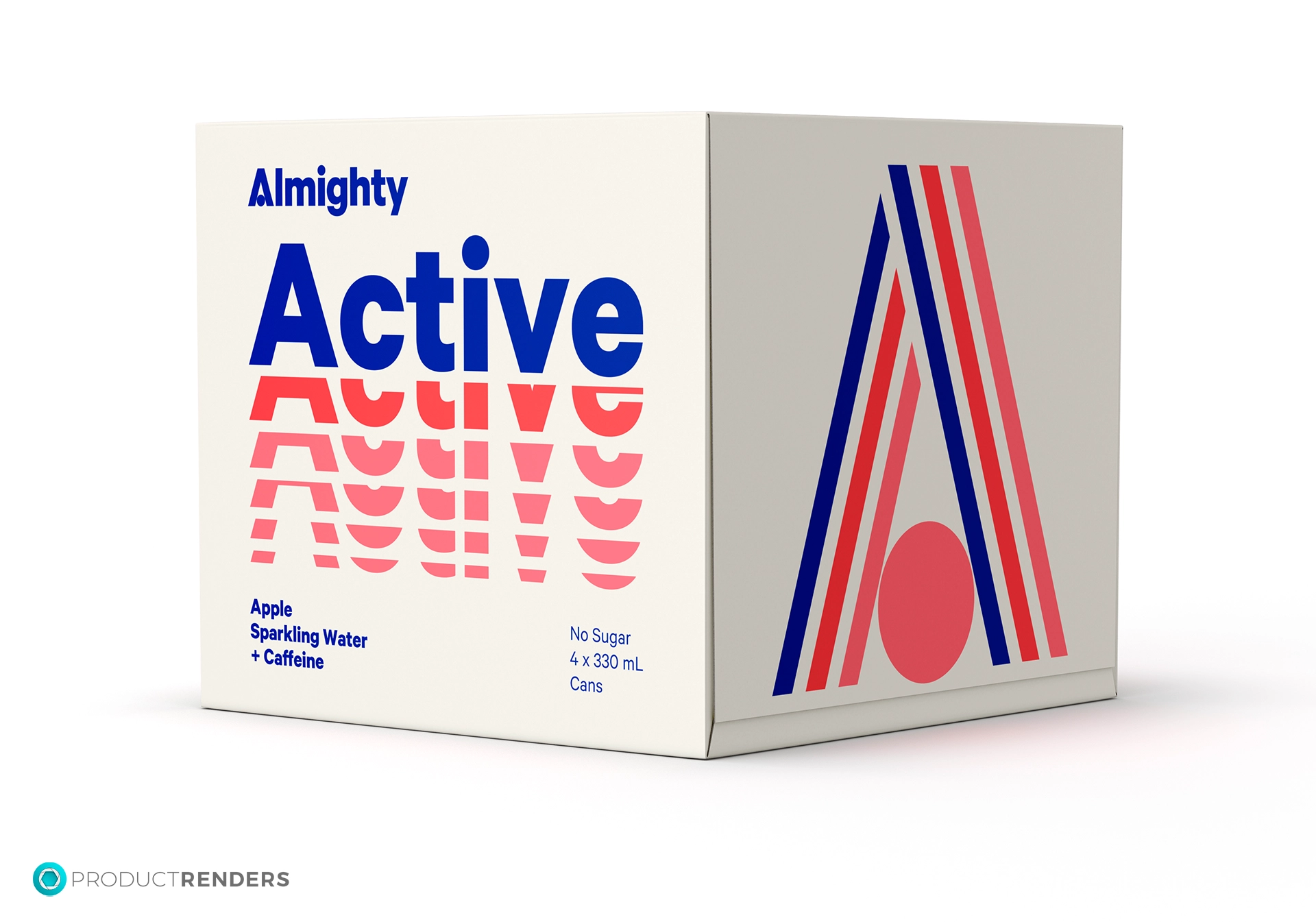 A white cardboard box containing four cans of Almighty Active Apple Sparkling Water with added caffeine.