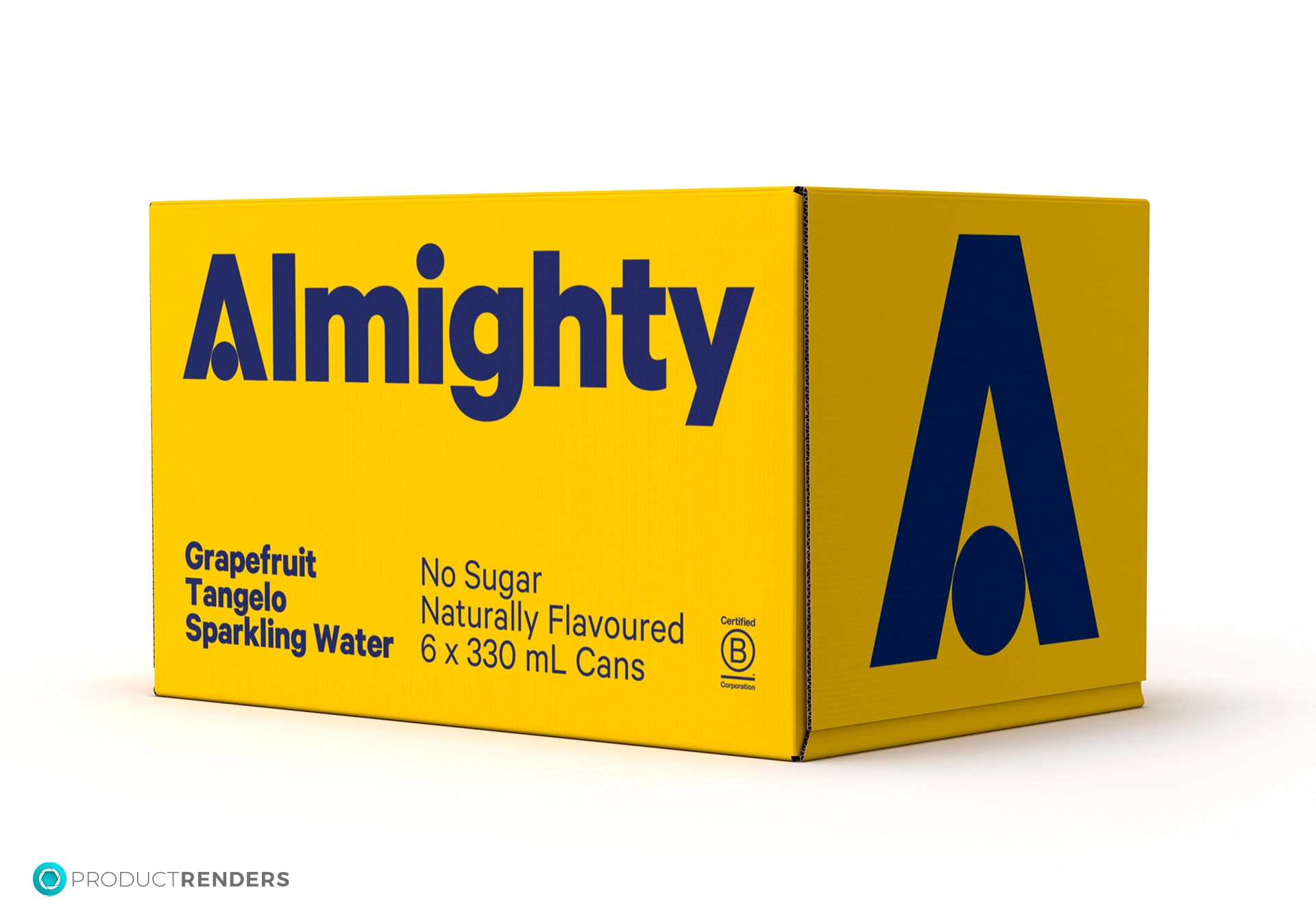 A yellow cardboard box containing six cans of Almighty Grapefruit Tangelo Sparkling Water.