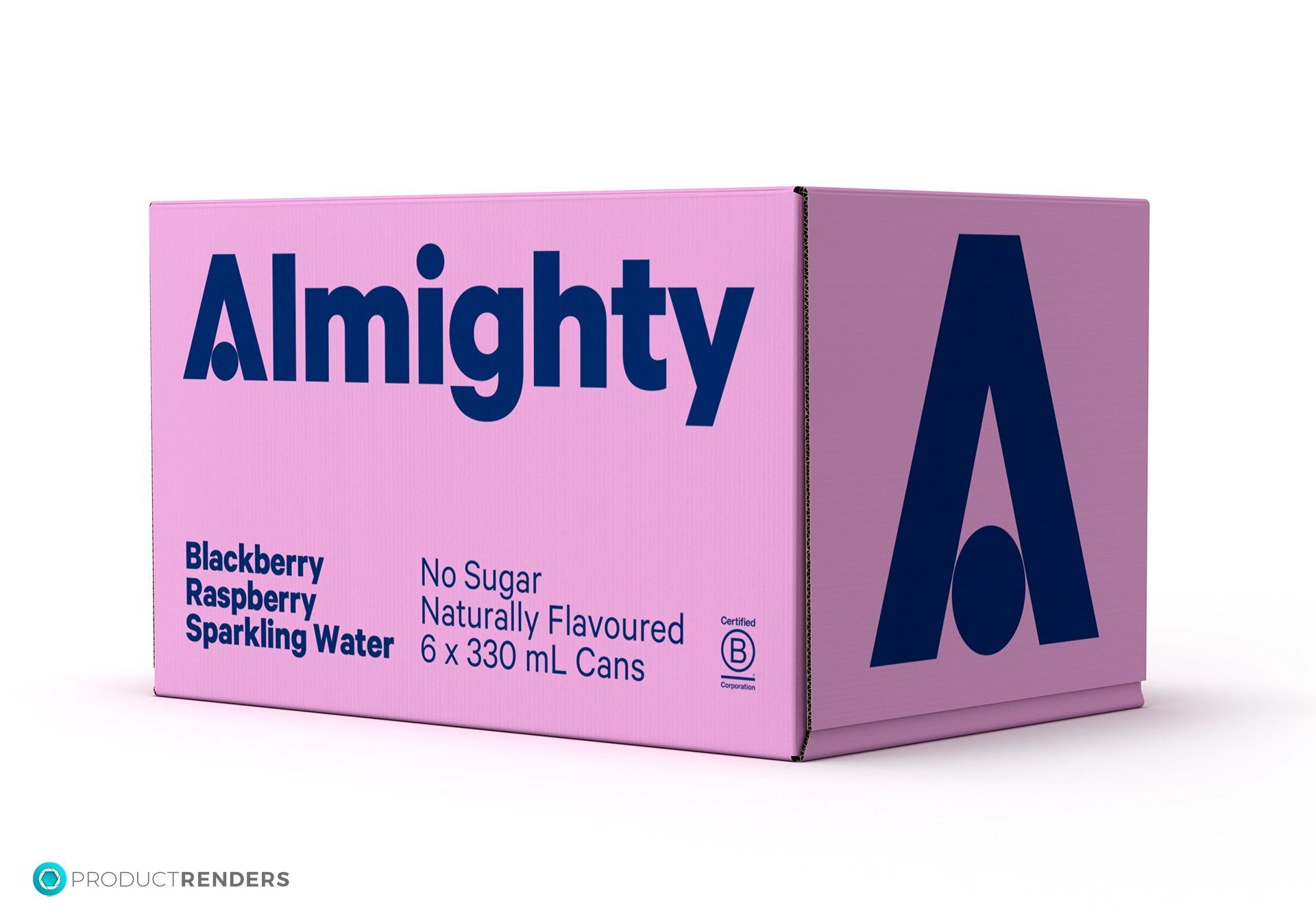 A pink cardboard box containing six cans of Almighty Blackberry Raspberry Sparkling Water.