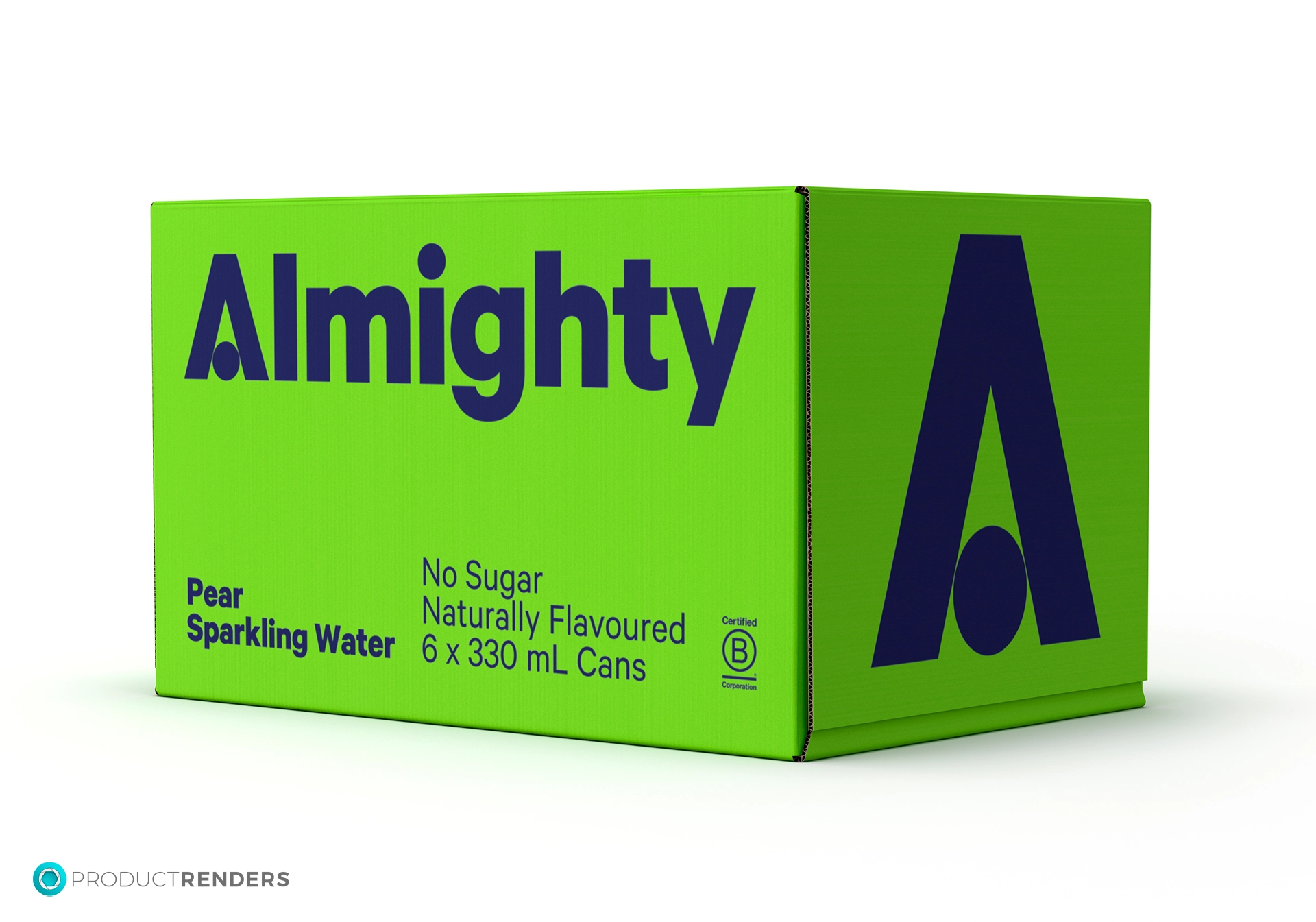 A green cardboard box containing six cans of Almighty Pear Sparkling Water.