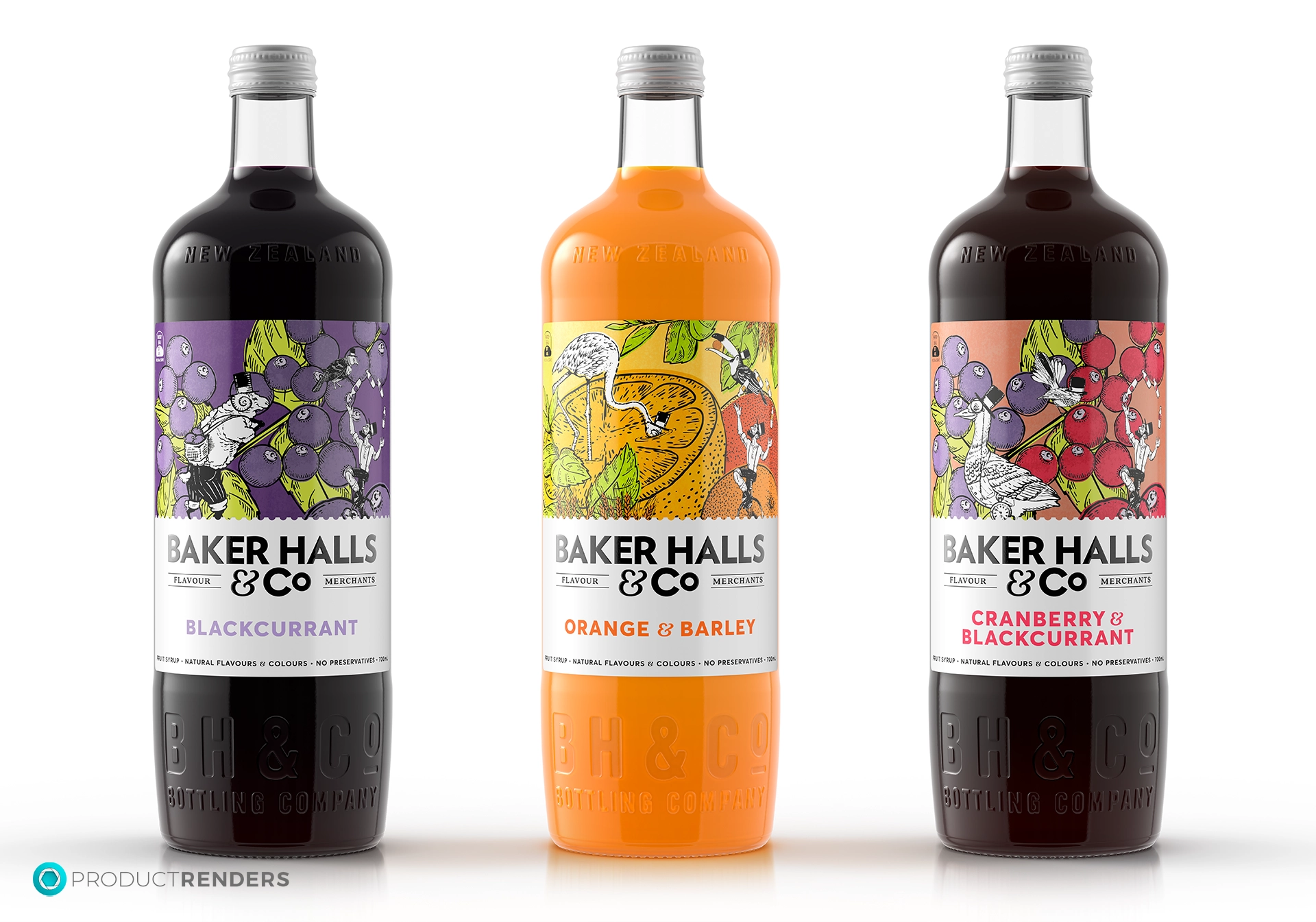 Three Baker Halls & Co low-calorie soft drinks in Blackcurrant, Orange & Barley, and Cranberry & Blackcurrant flavours.