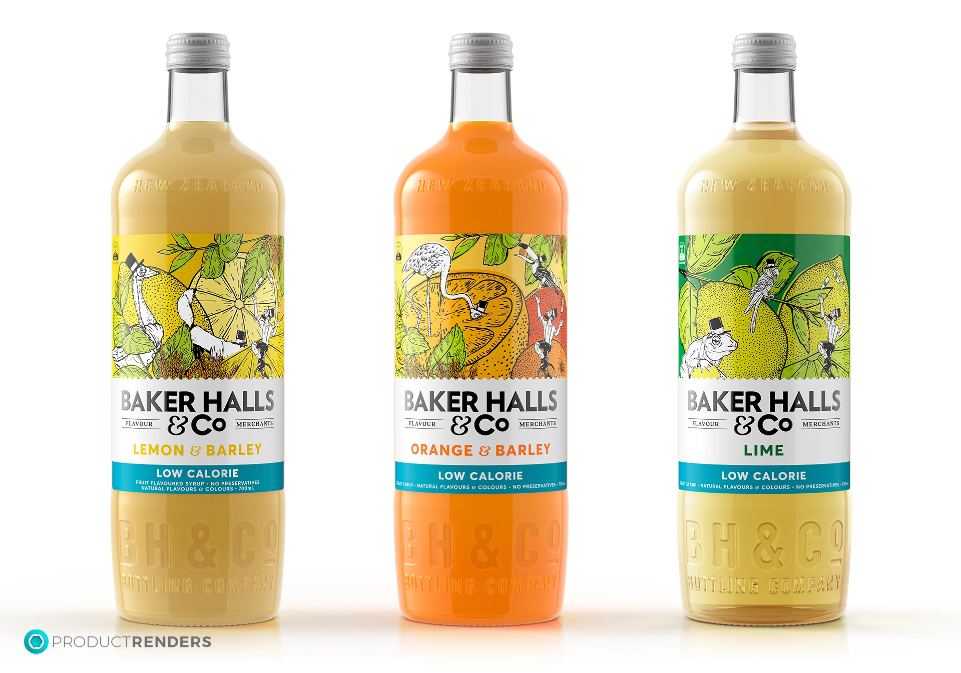 Three Baker Baker Halls & Co low-calorie soft drinks in Lemon & Barley, Orange & Barley, and Lime flavours.