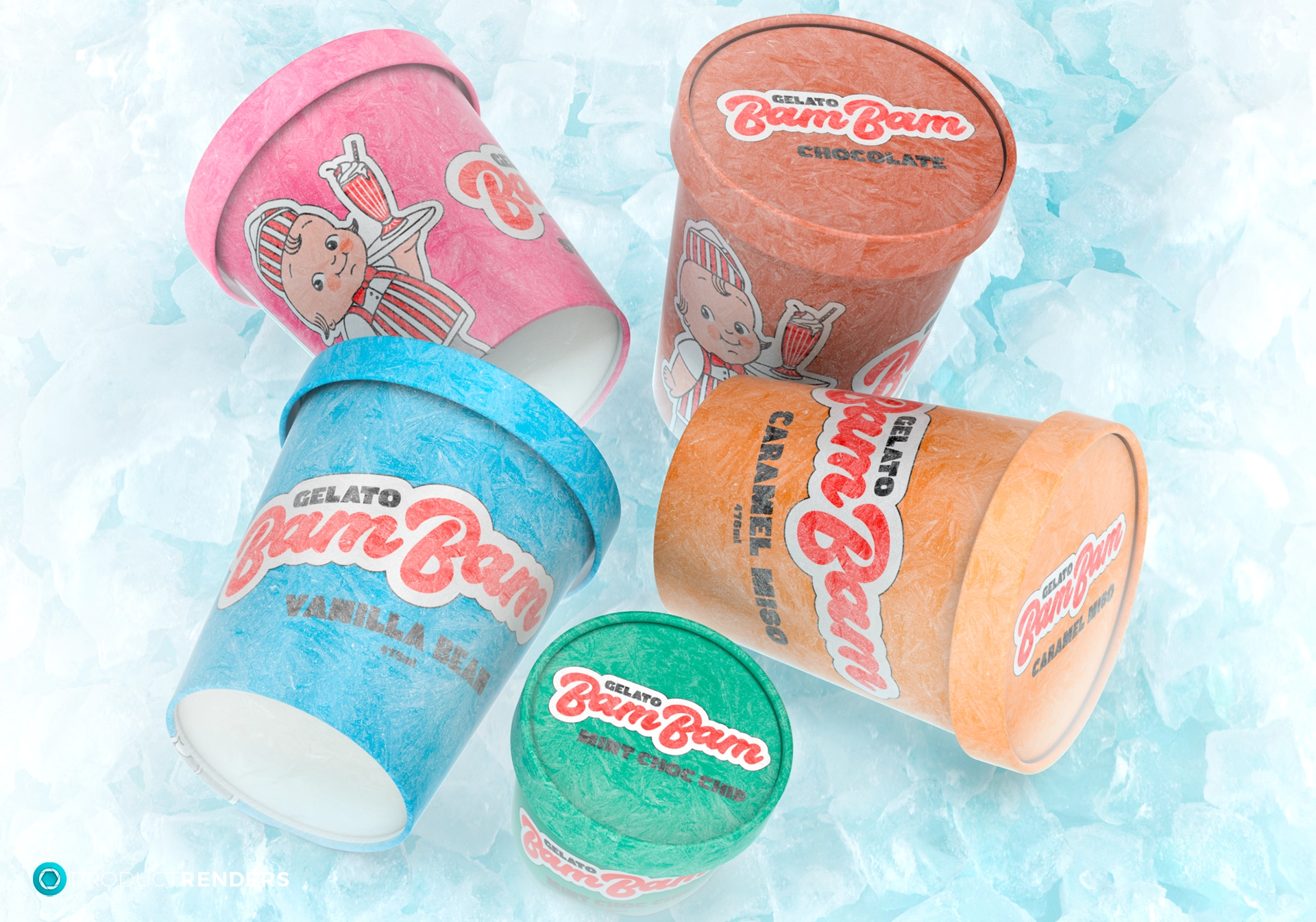 Four small tubs of Bam Bam Gelato in different colours with various flavours, sitting on a bed of ice.