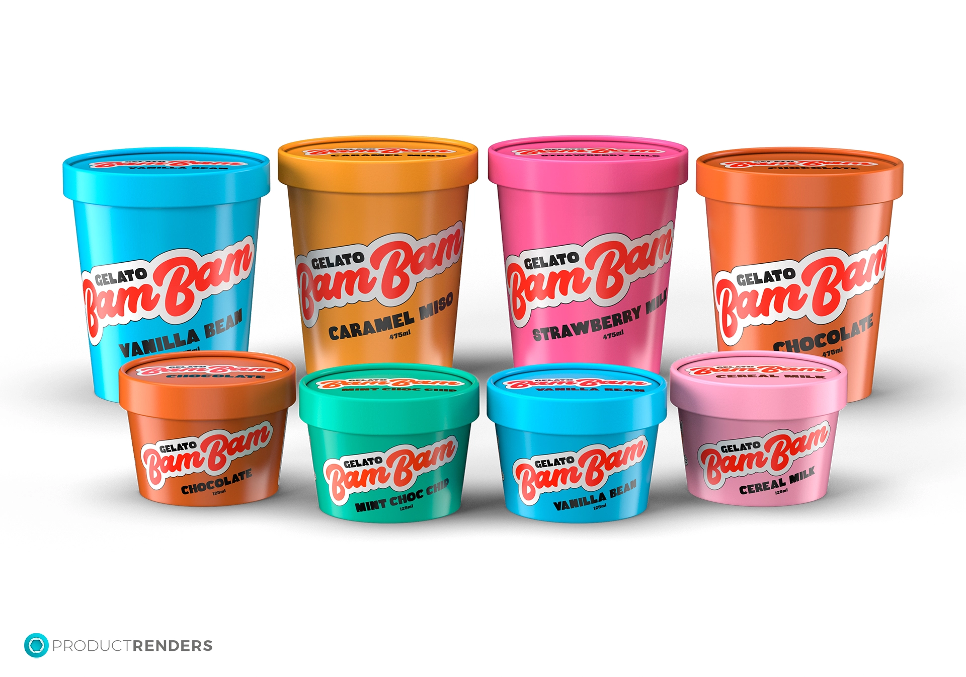 Eight small tubs of Bam Bam Gelato in different colours with various flavours.