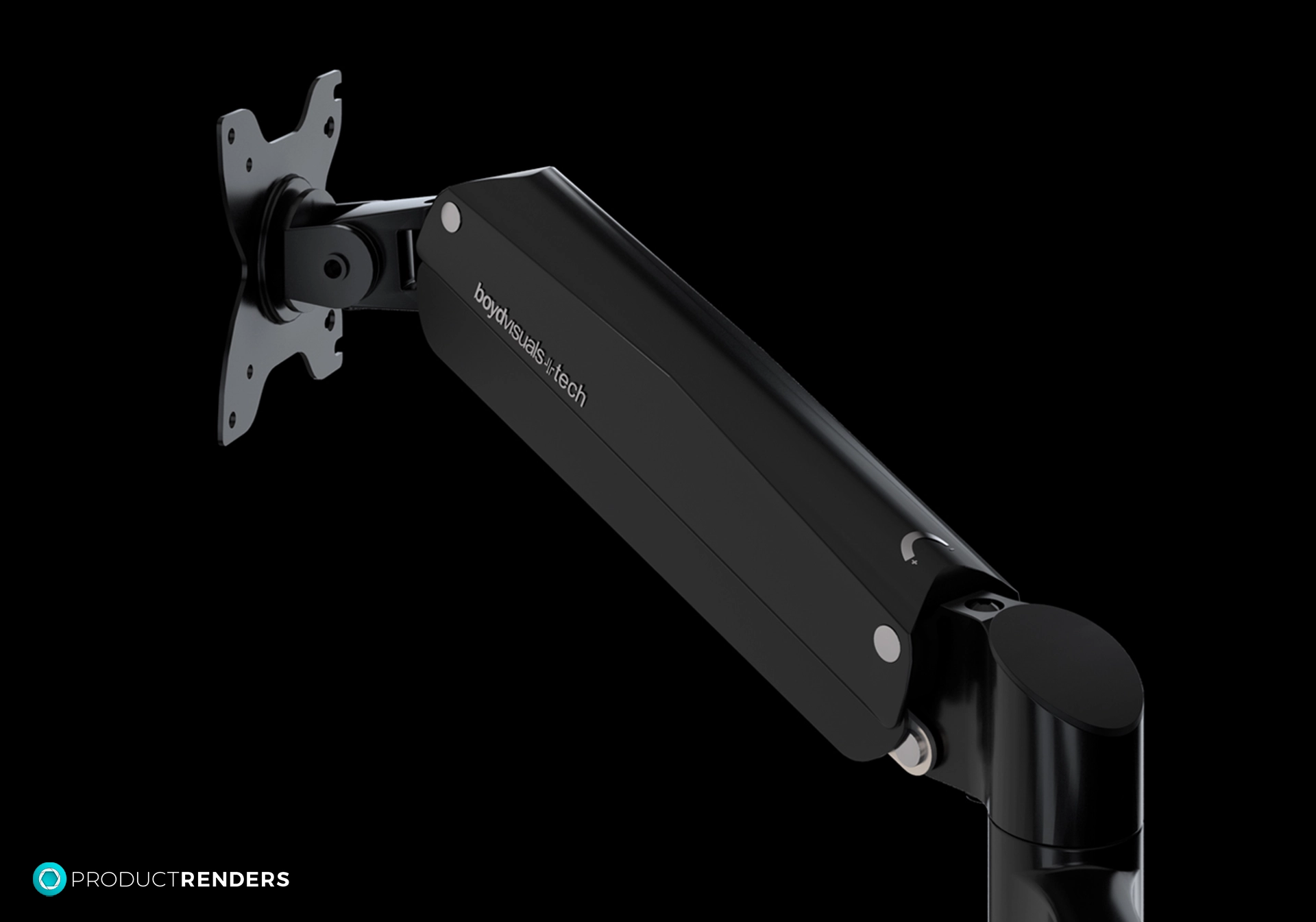 A black monitor arm with a clamp mount and a flexible arm.