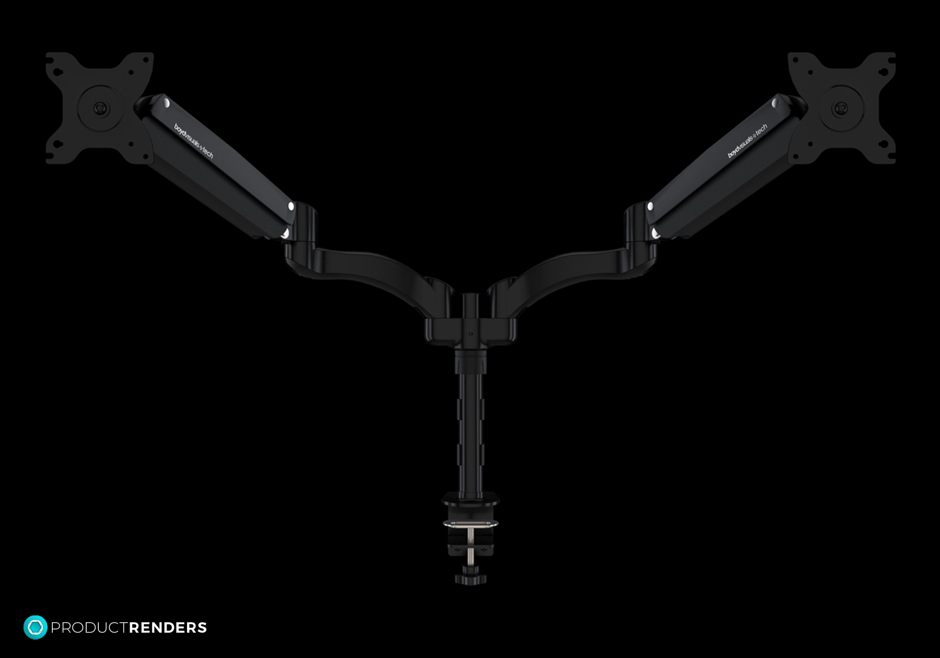 A black dual monitor stand with a clamp mount and adjustable arms, viewed from the front.