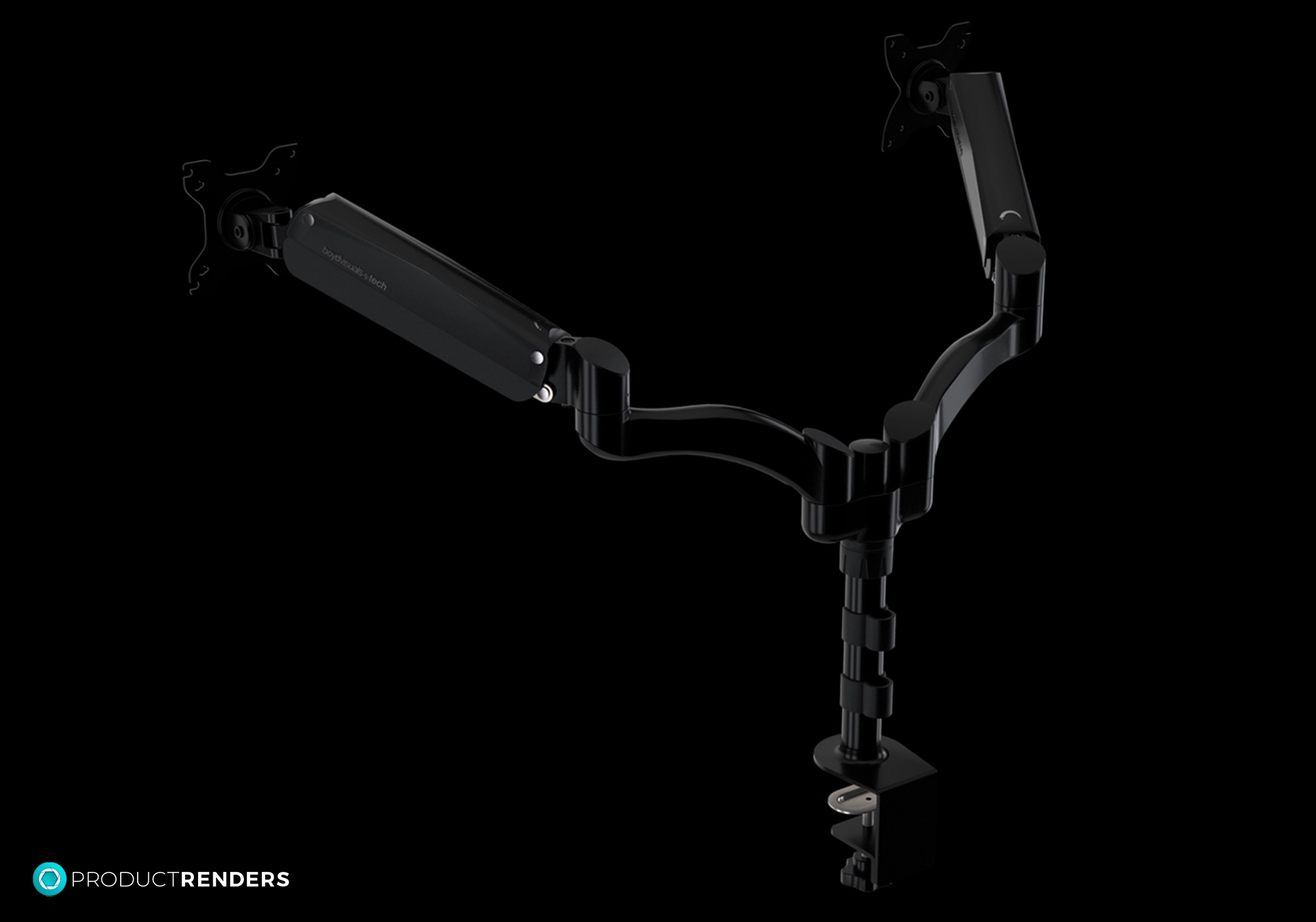 A black dual monitor stand with a clamp mount and adjustable arms.