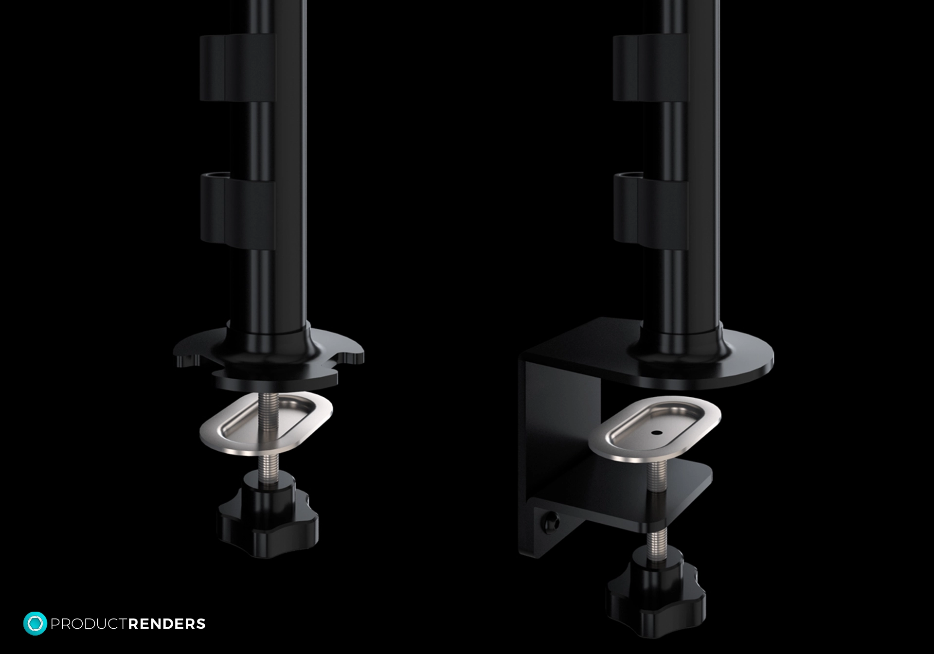 Two black monitor stand clamps with a silver screw and knob.