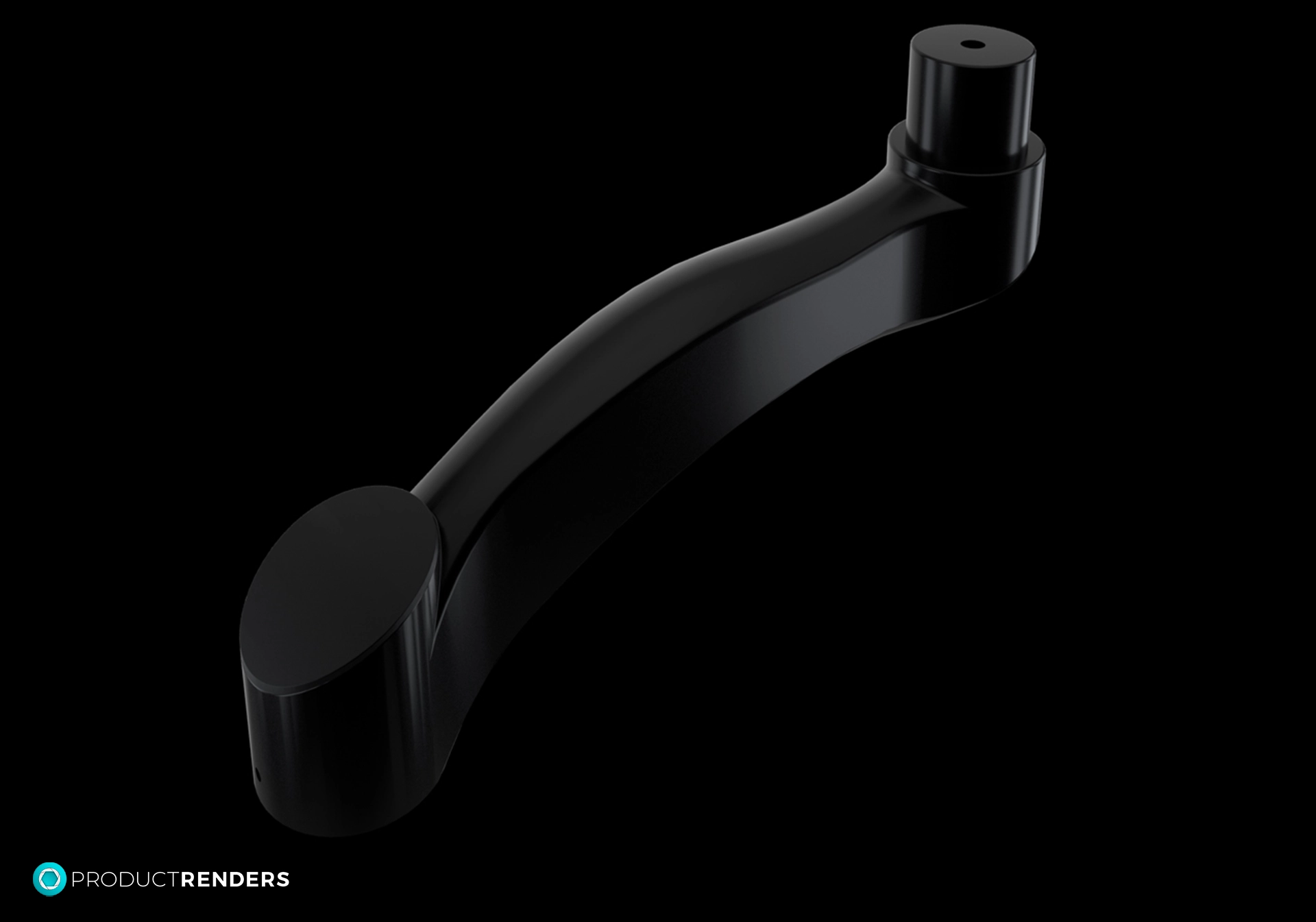 A black metal monitor arm with a curved shape and a small knob at one end.