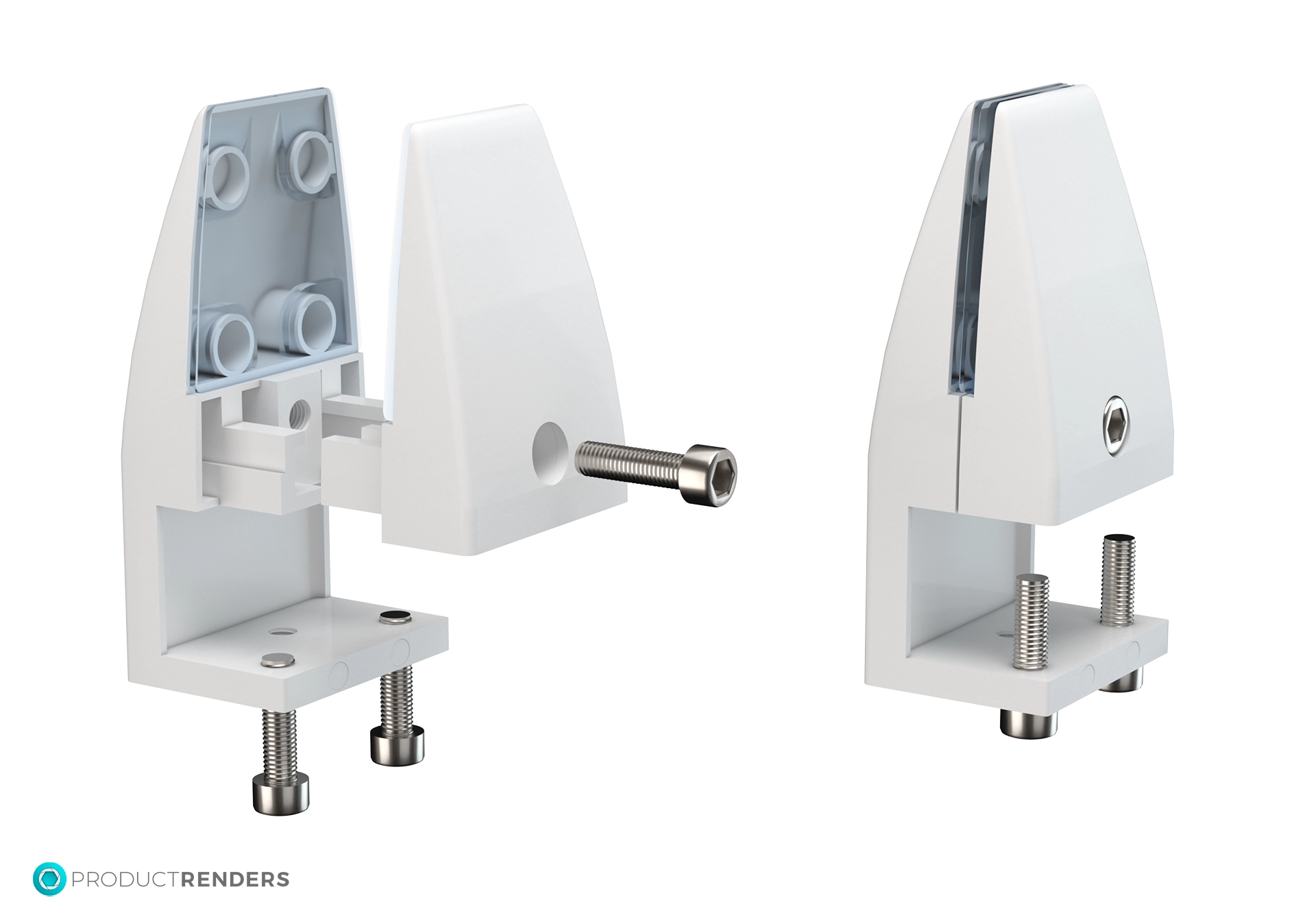 Three white metal desk clamp brackets, one disassembled to show the internal parts.