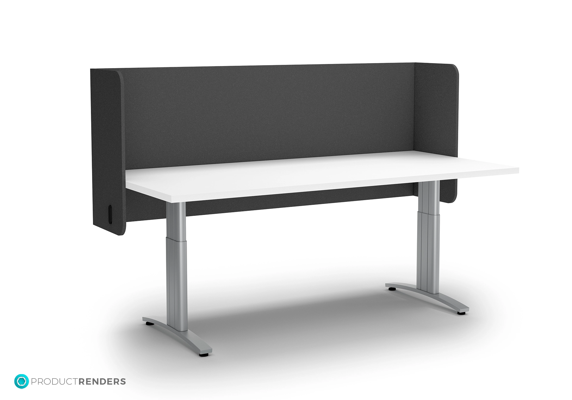 A white desk with an adjustable height mechanism and a curved dark grey screen divider.