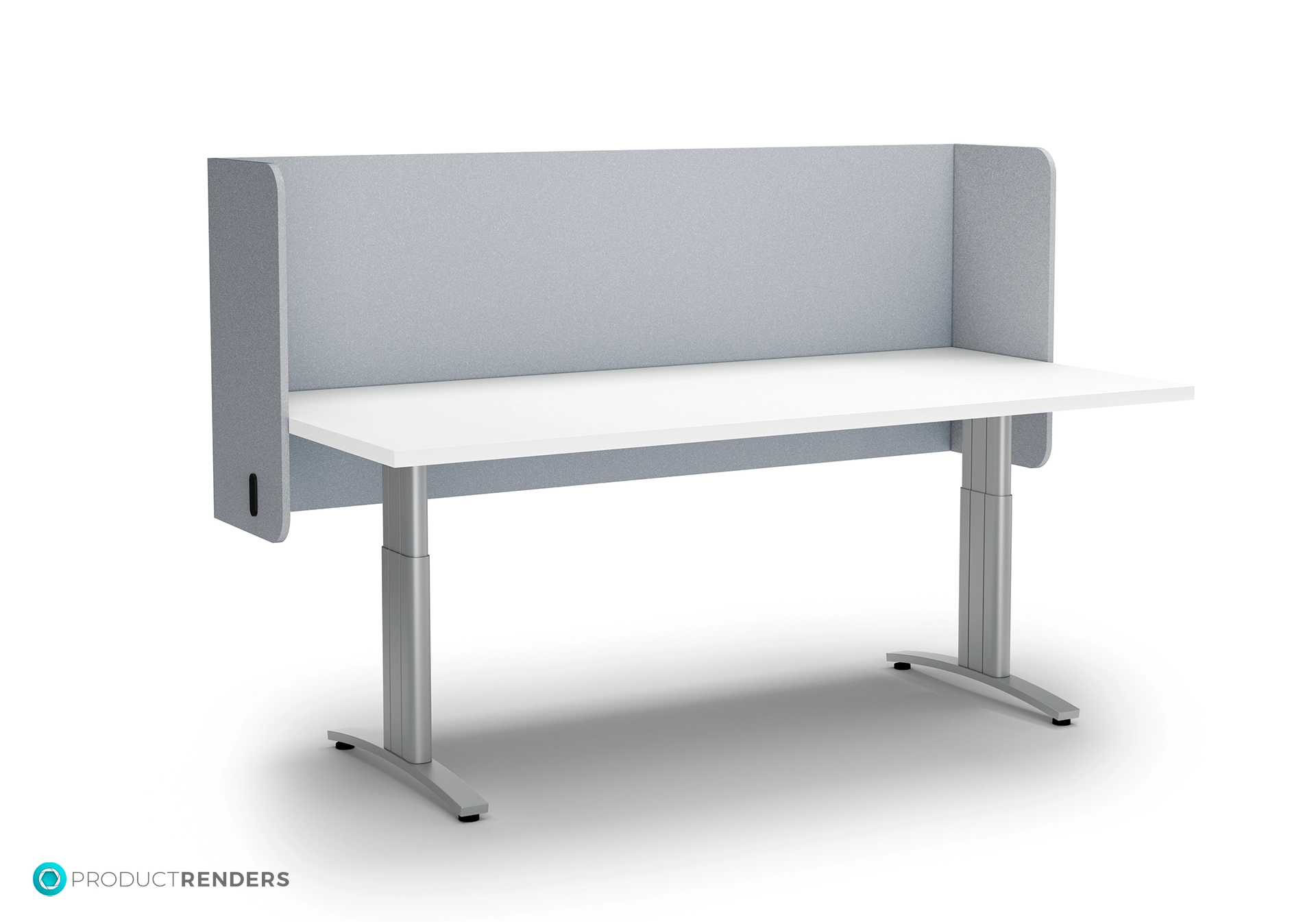 A white desk with an adjustable height mechanism and a curved grey screen divider.