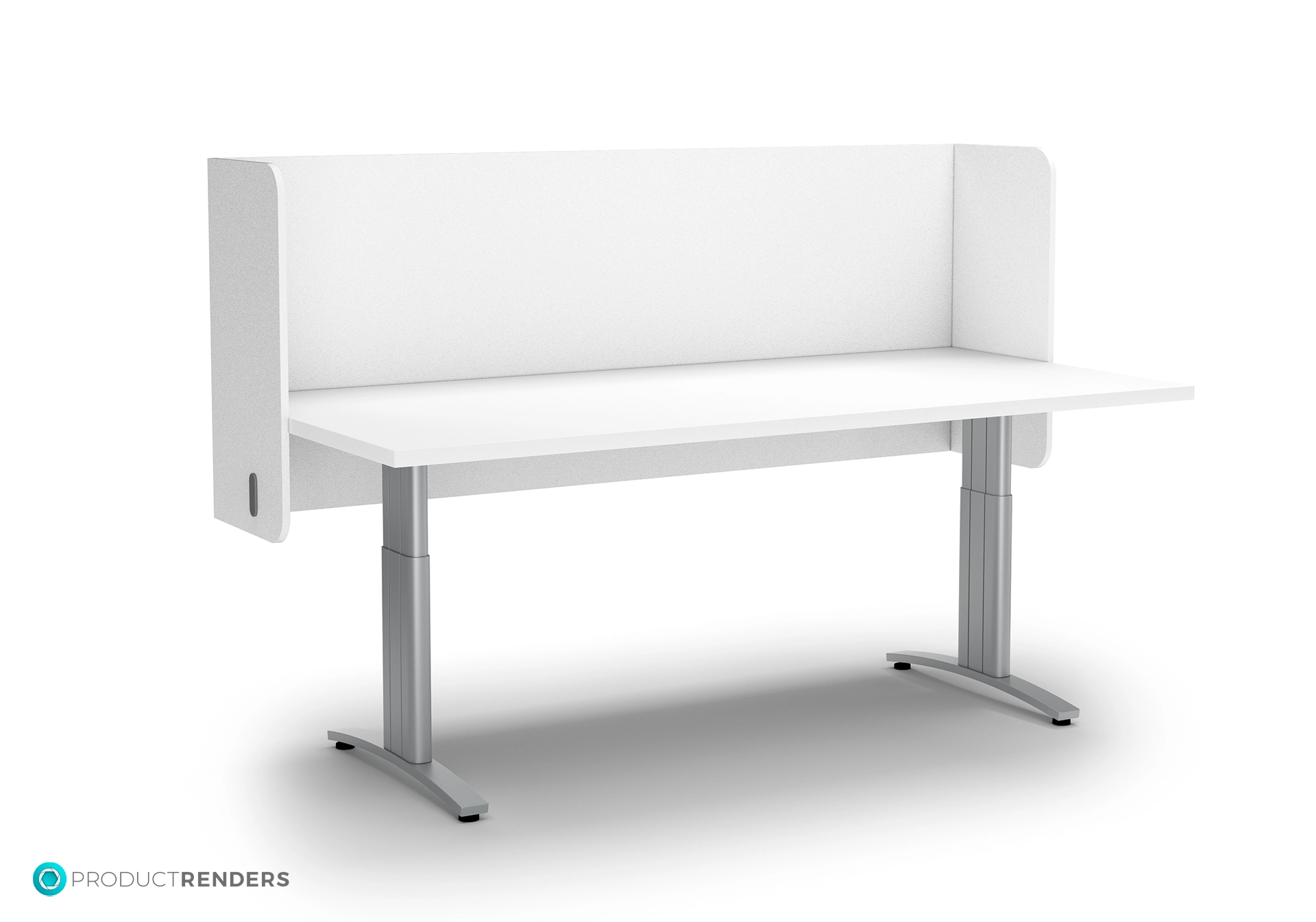 A white desk with an adjustable height mechanism and a curved white screen divider.