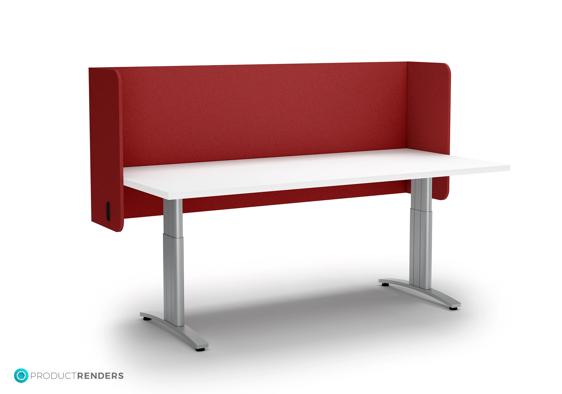 A white desk with an adjustable height mechanism and a curved red screen divider.