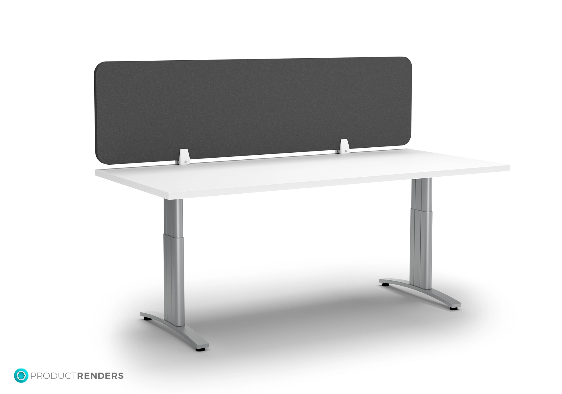 A white desk with an adjustable height mechanism and a black screen divider.