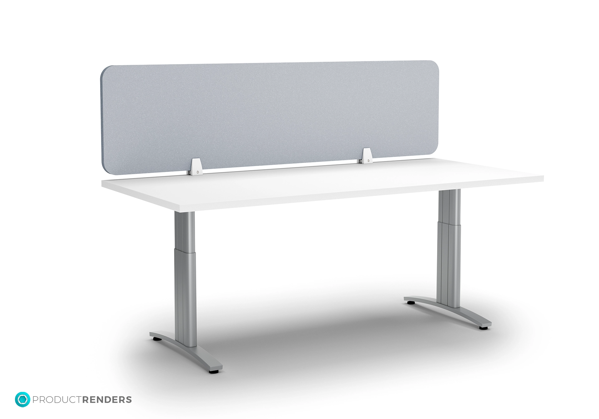 A white desk with an adjustable height mechanism and a grey screen divider.