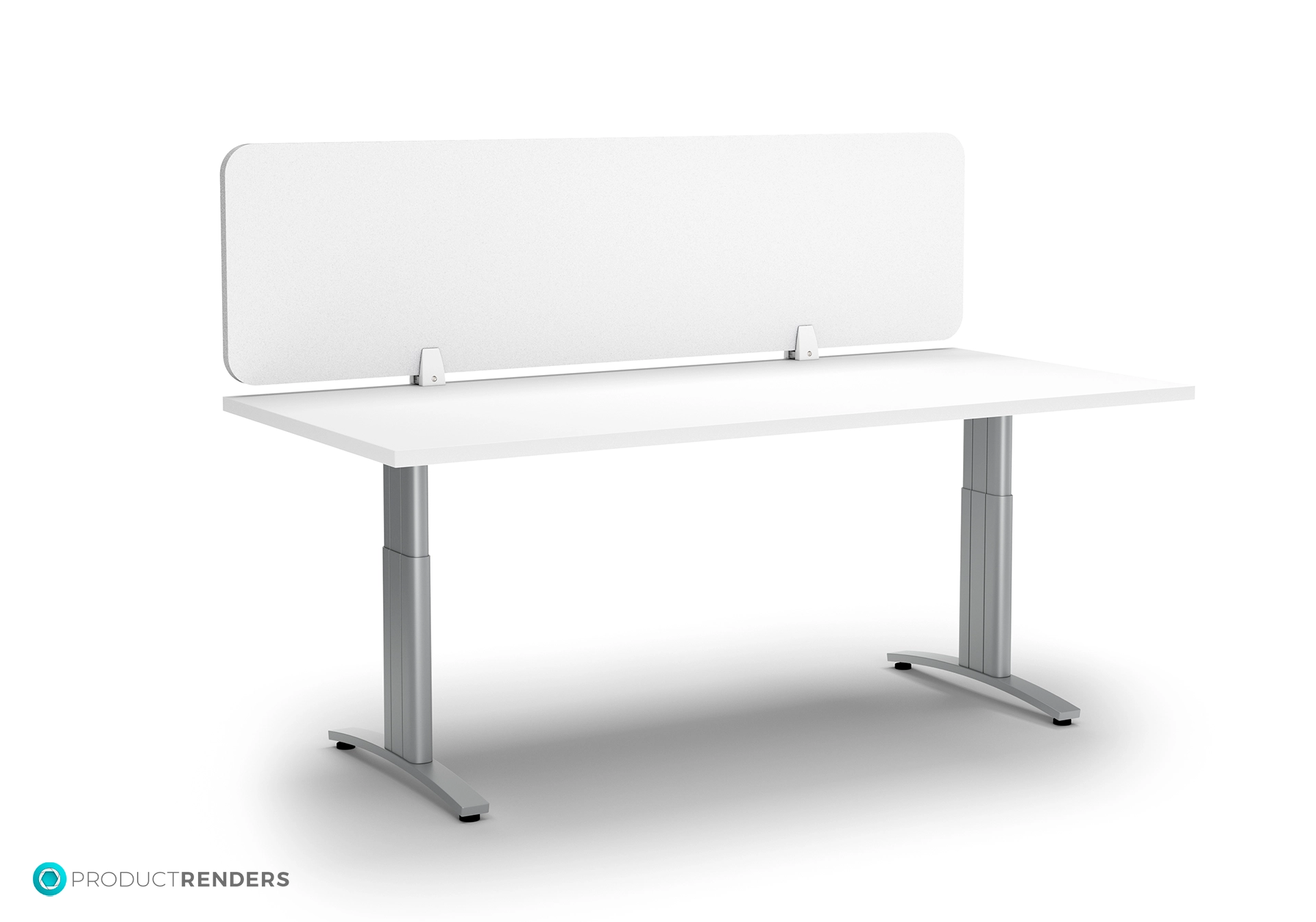 A white desk with an adjustable height mechanism and a white screen divider.