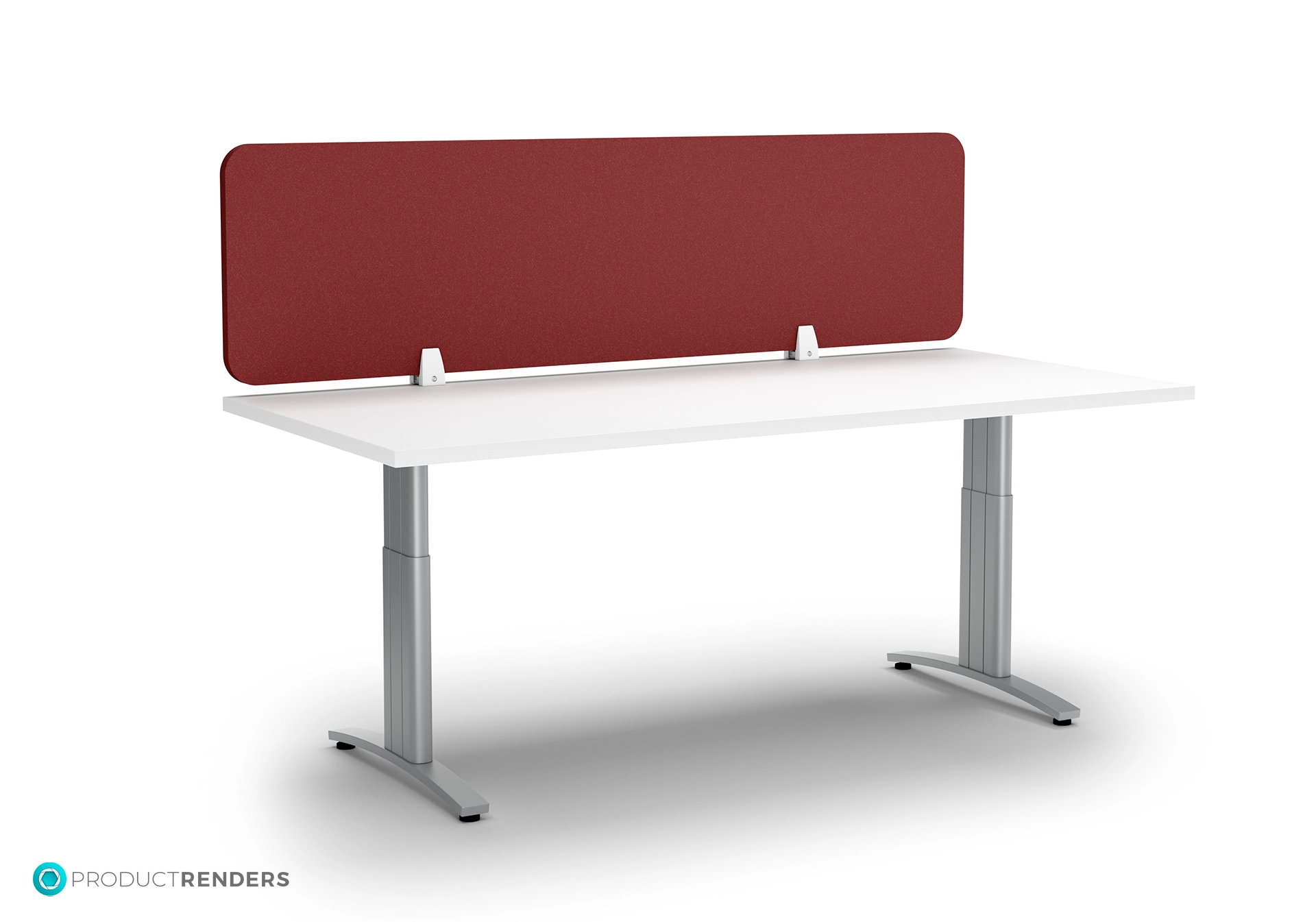 A white desk with an adjustable height mechanism and a red screen divider.