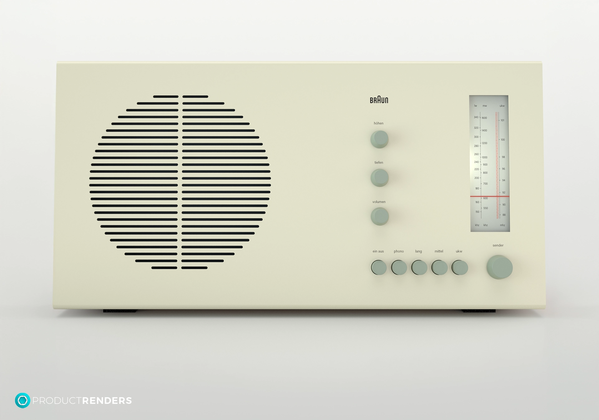 A vintage Braun radio with a white front panel and various knobs and dials.