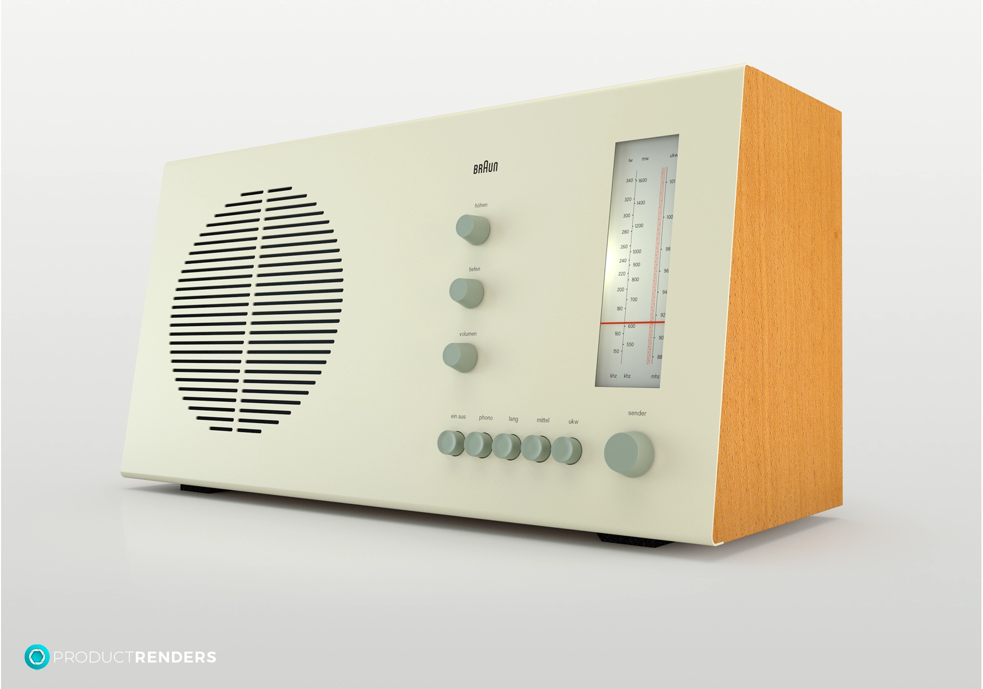 A vintage Braun radio with a wooden case and a white front panel.