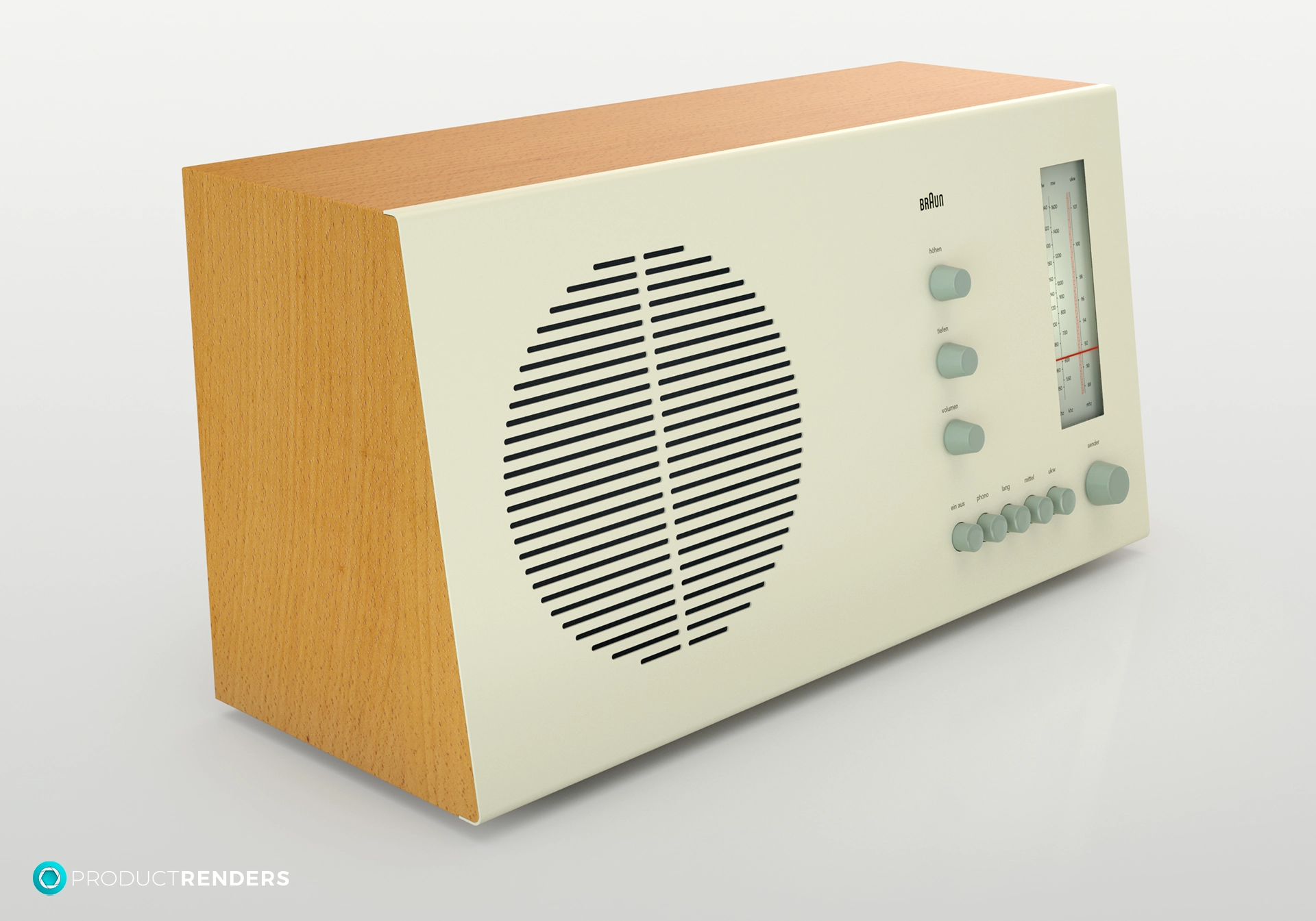 A vintage Braun radio with a wooden case and a white front panel.