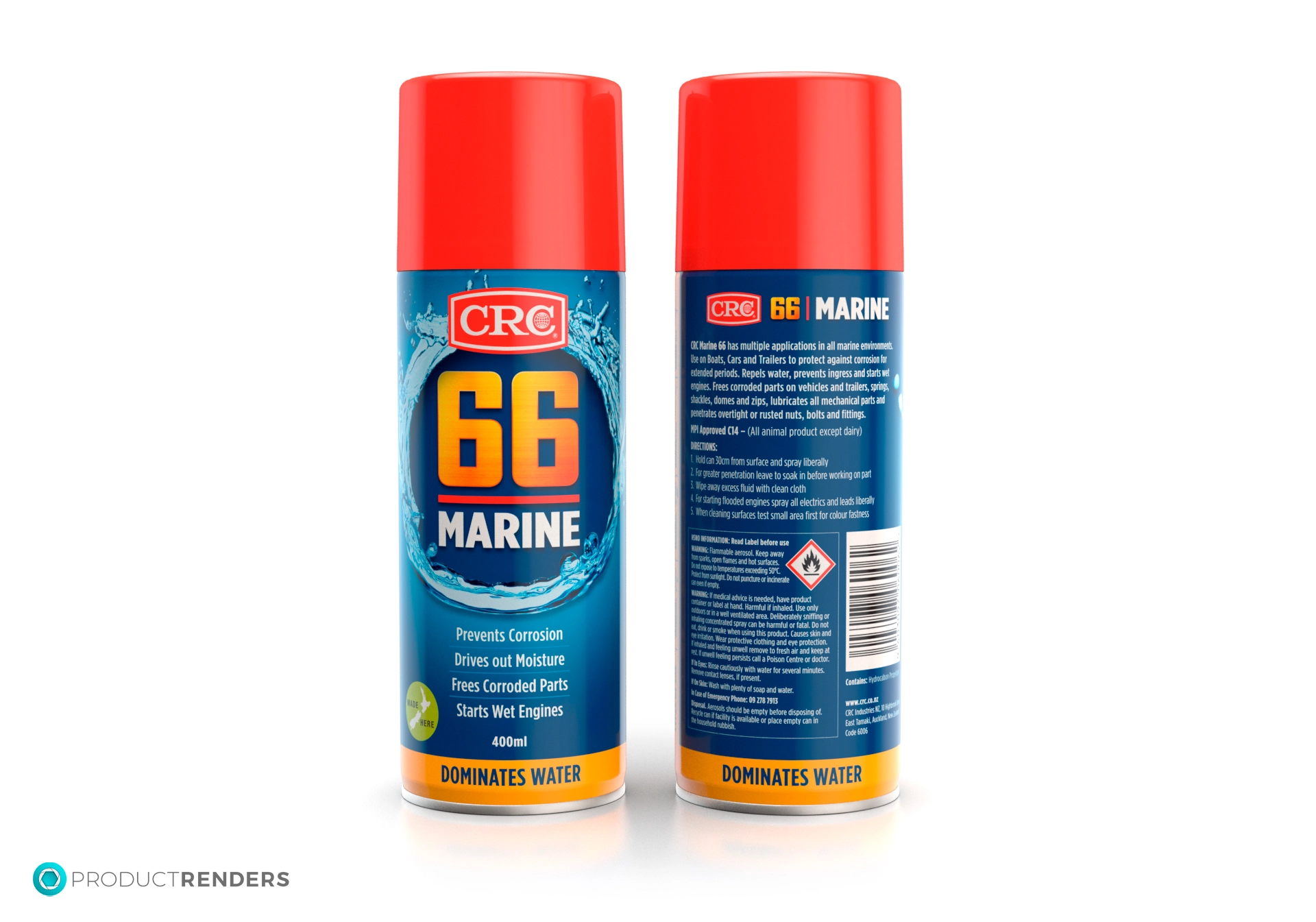 Two red spray cans of CRC 66 Marine, one showing the front and the other showing the back.