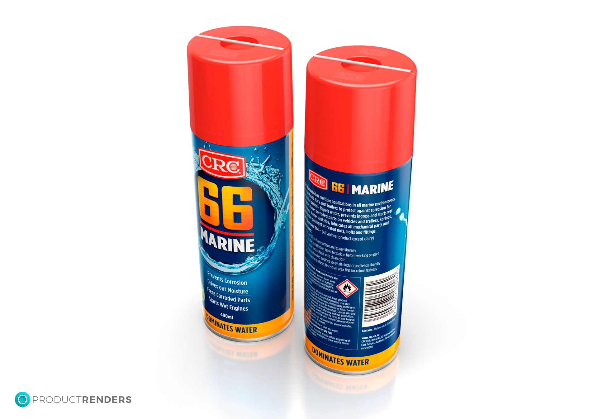 Two red spray cans of CRC 66 Marine, one with a blue label and the other with a white label.