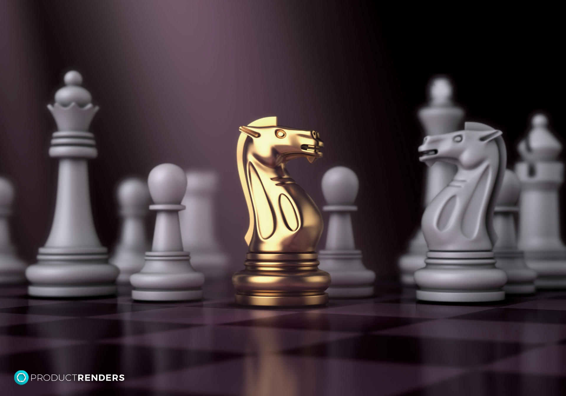 A golden chess knight surrounded by white chess pieces on a dark chessboard.