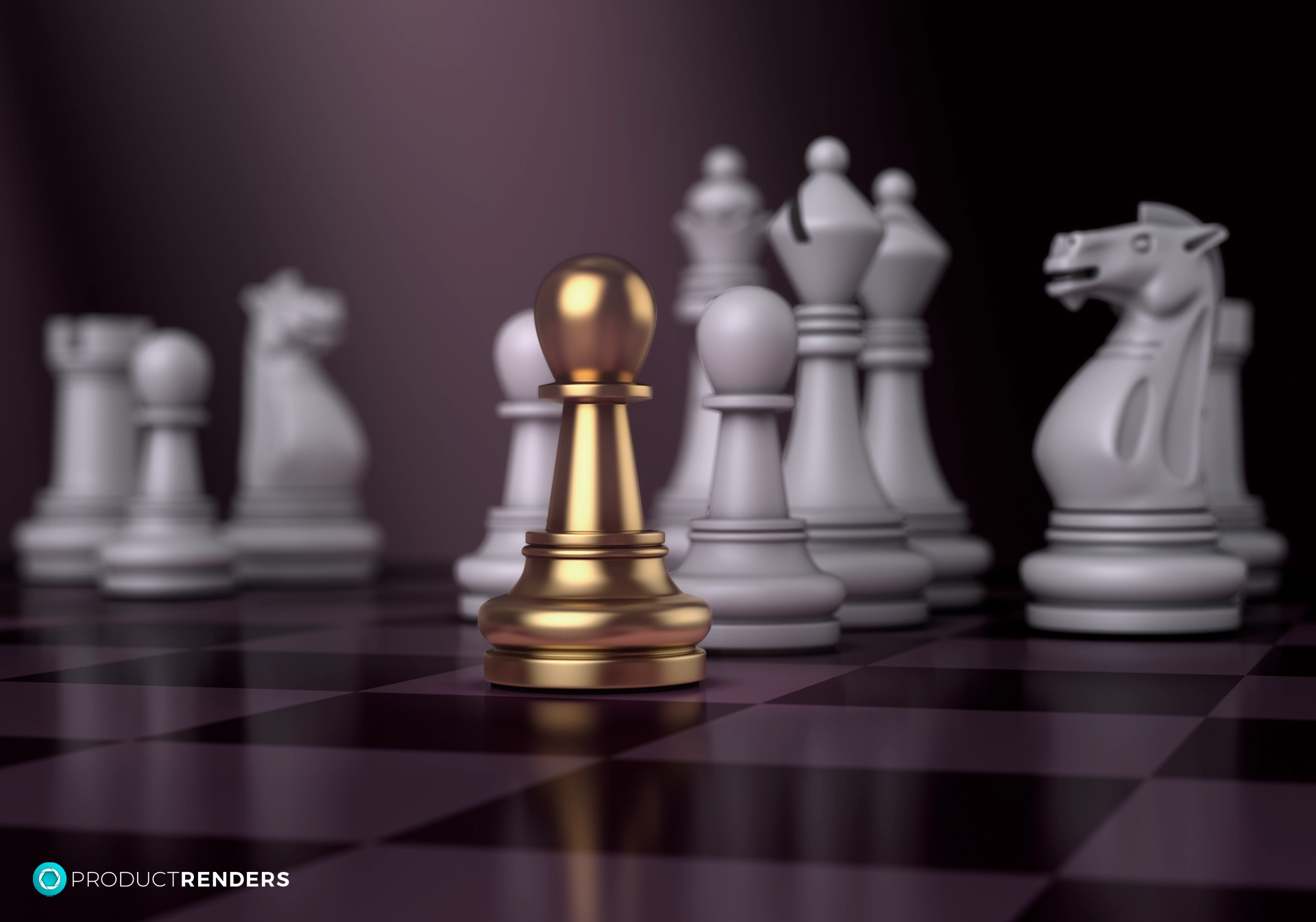 A golden chess pawn surrounded by white chess pieces on a dark chessboard.