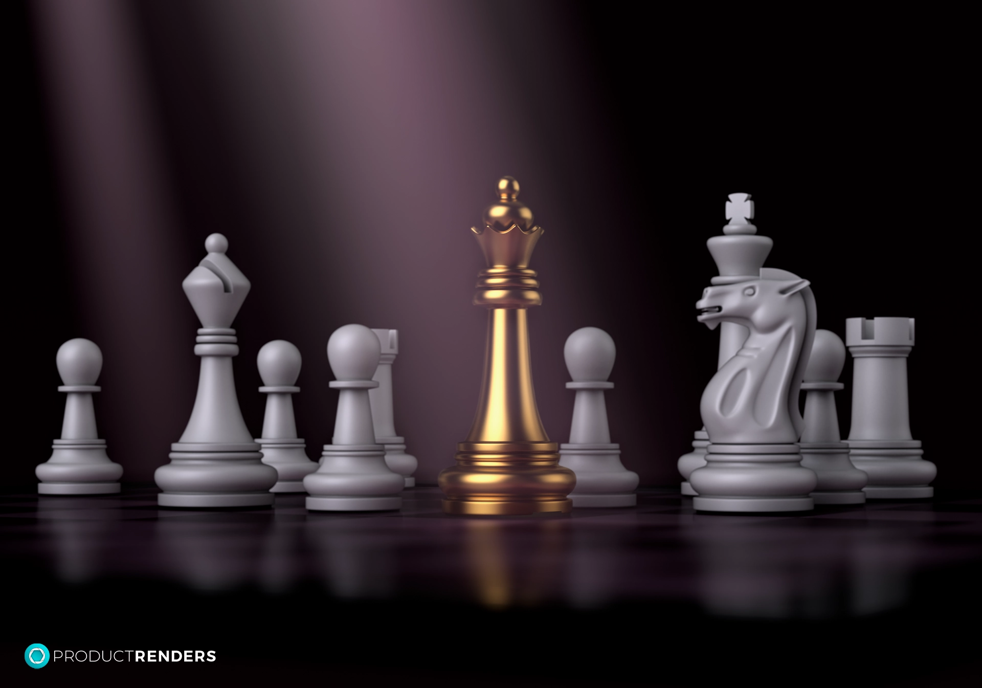 A golden chess queen surrounded by white chess pieces on a dark background.