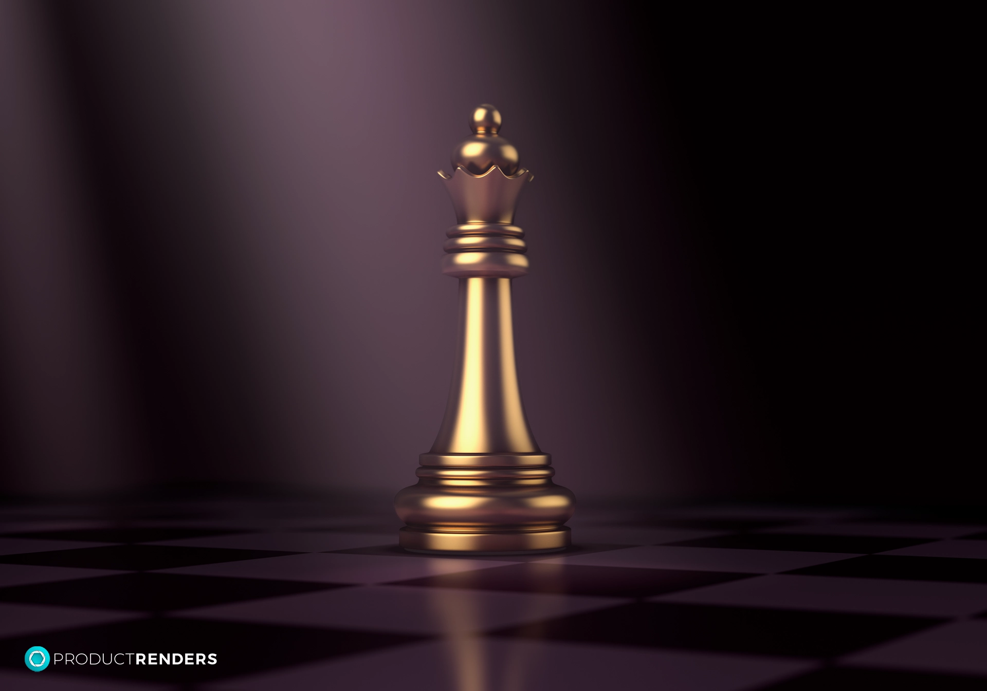 A golden chess queen on a dark chessboard.