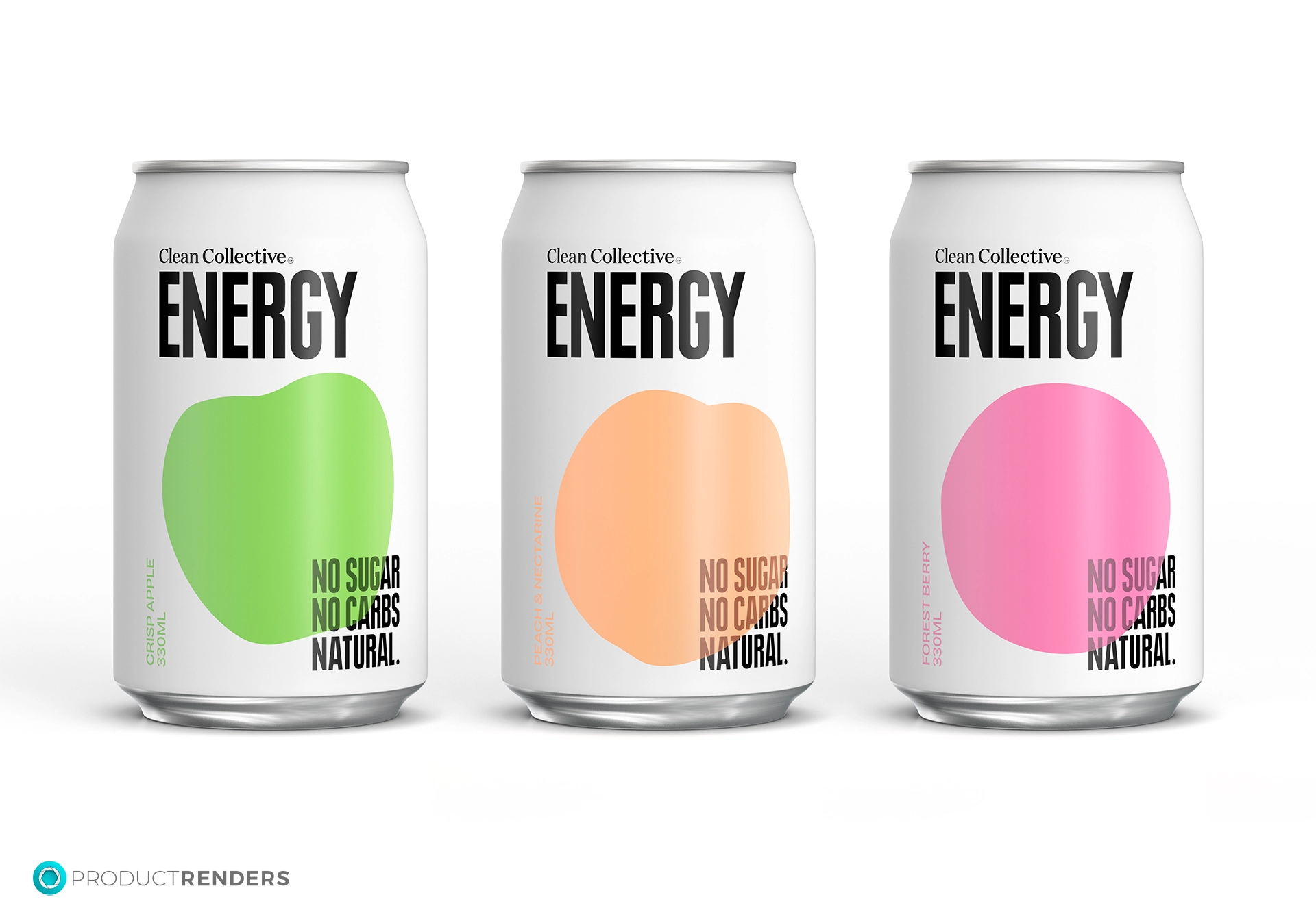 Three Clean Collective Energy drinks in Crisp Apple, Peach & Nectarine, and White Peach & Jasmine flavours.