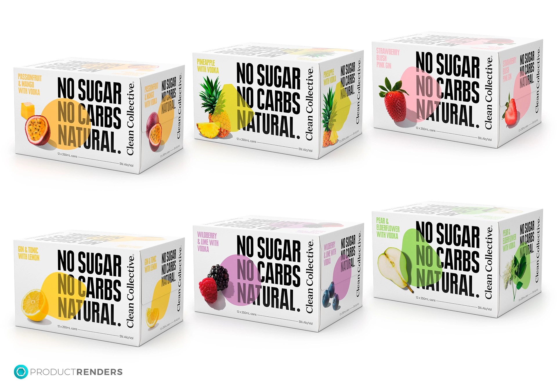 Six boxes of Clean Collective low-sugar, low-carb drinks in various fruit flavours.