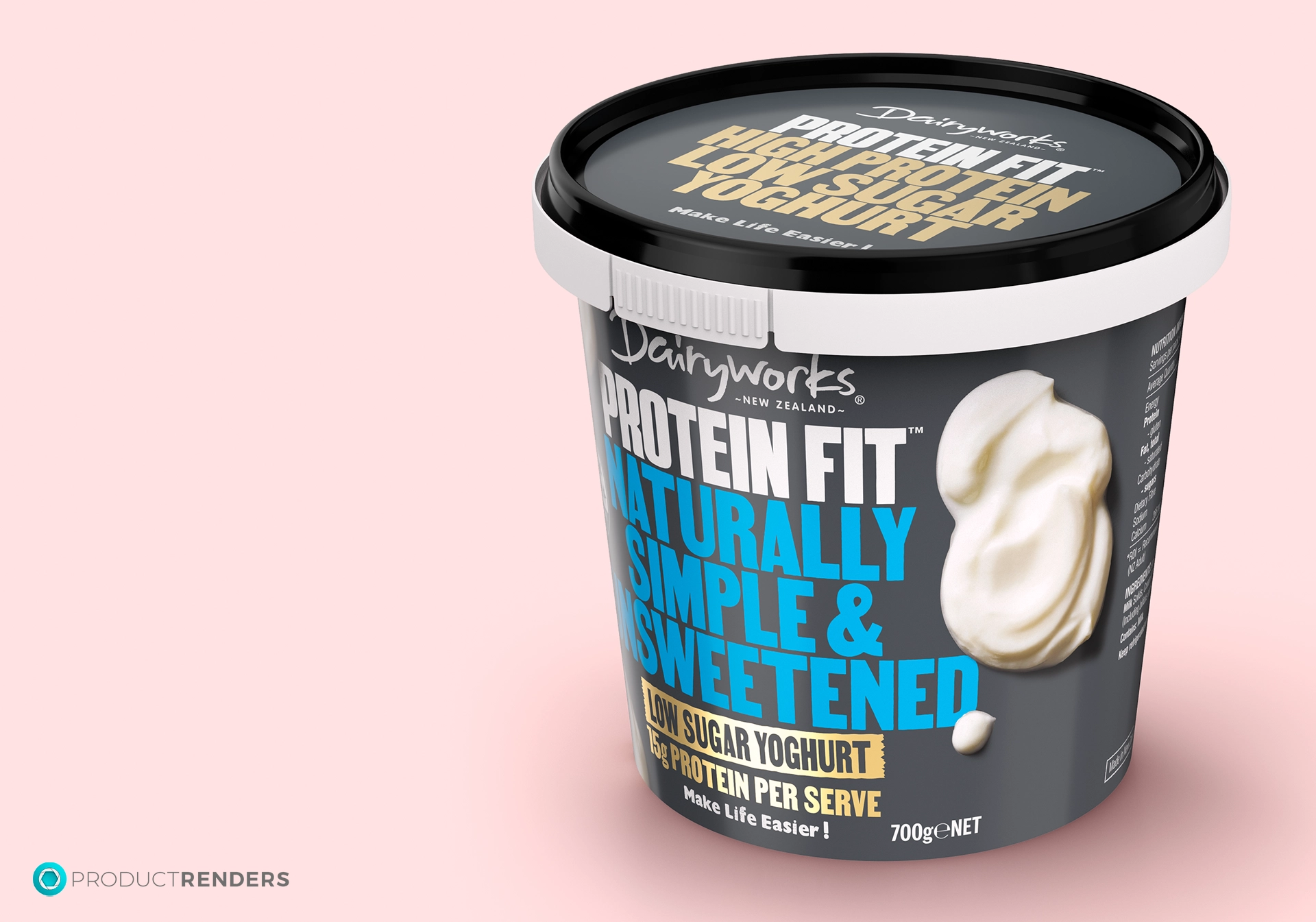 A tub of Dairyworks Protein Fit Naturally Simple & Unsweetened low-sugar yoghurt.