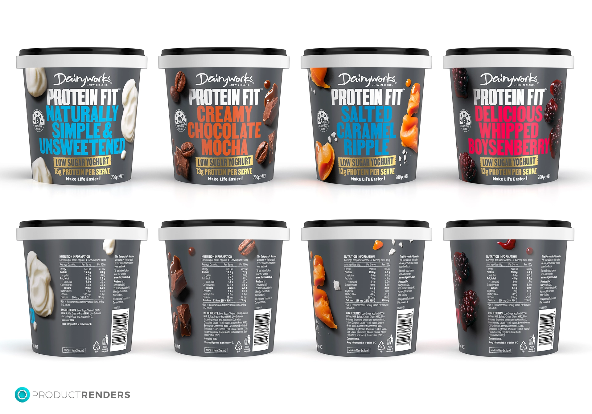 Eight Dairyworks Protein Fit low-sugar yoghurt pots in four flavours: Naturally Simple & Unsweetened, Creamy Chocolate Mocha, Salted Caramel Ripple, and Delicious Mixed Berry.