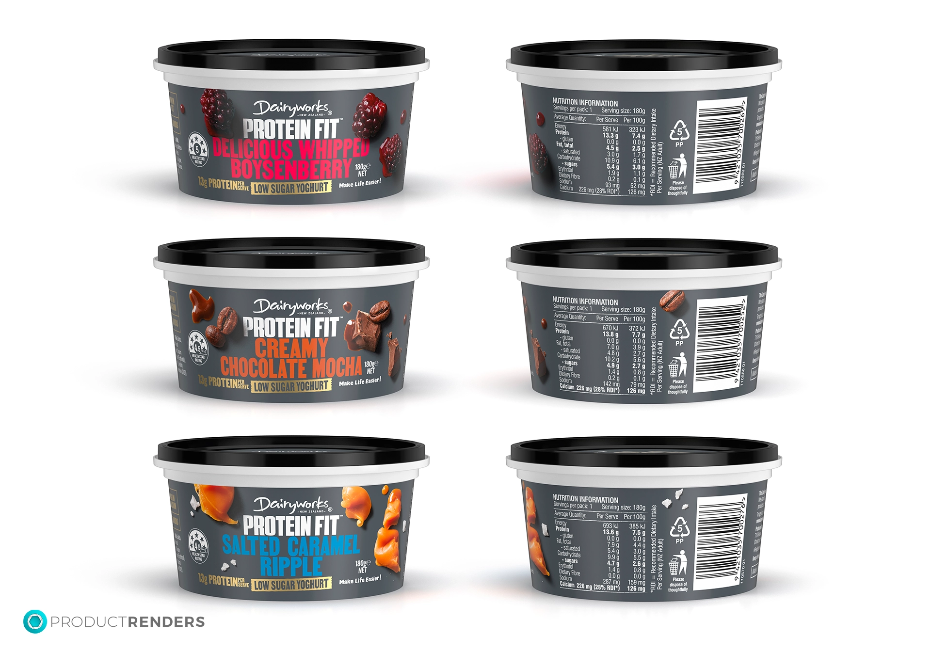 Six Dairyworks Protein Fit low-sugar yoghurt pots in three flavours: Raspberry & Blueberry, Creamy Chocolate Mocha, and Salted Caramel Ripple.