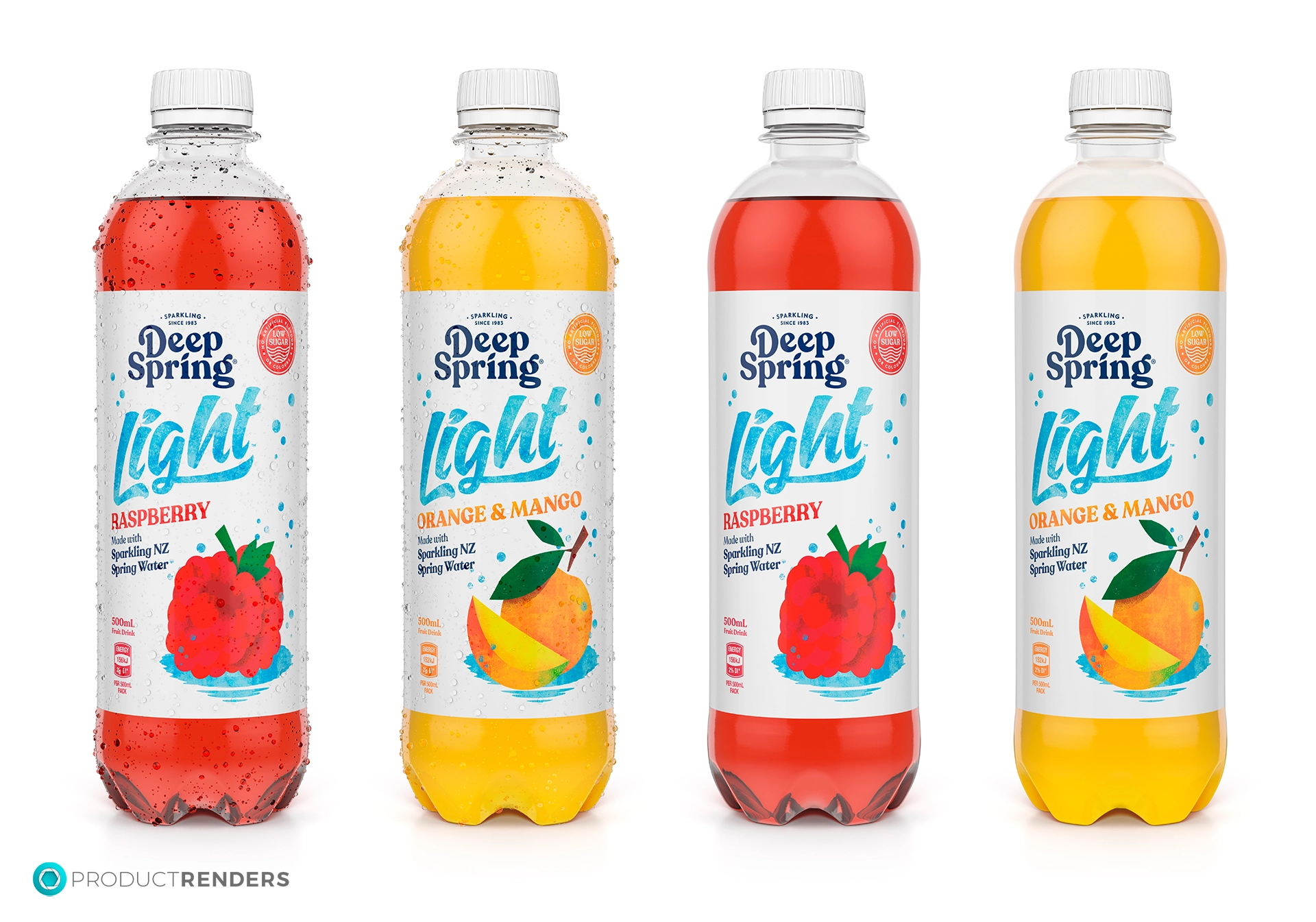 Four bottles of Deep Spring Light sparkling water: two Raspberry and two Orange & Mango.