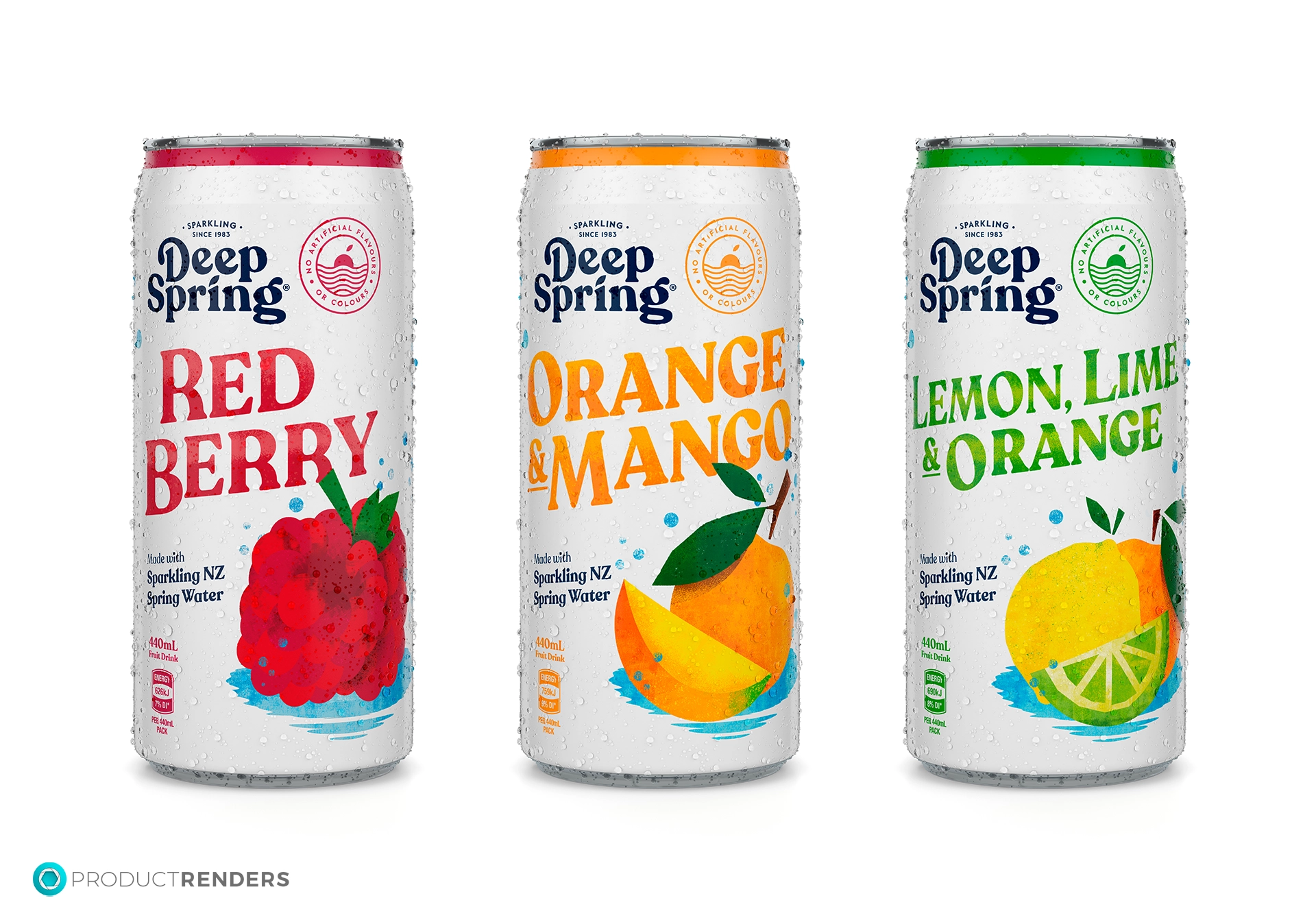 Three cans of Deep Spring sparkling water: Red Berry, Orange & Mango, and Lemon, Lime & Orange.