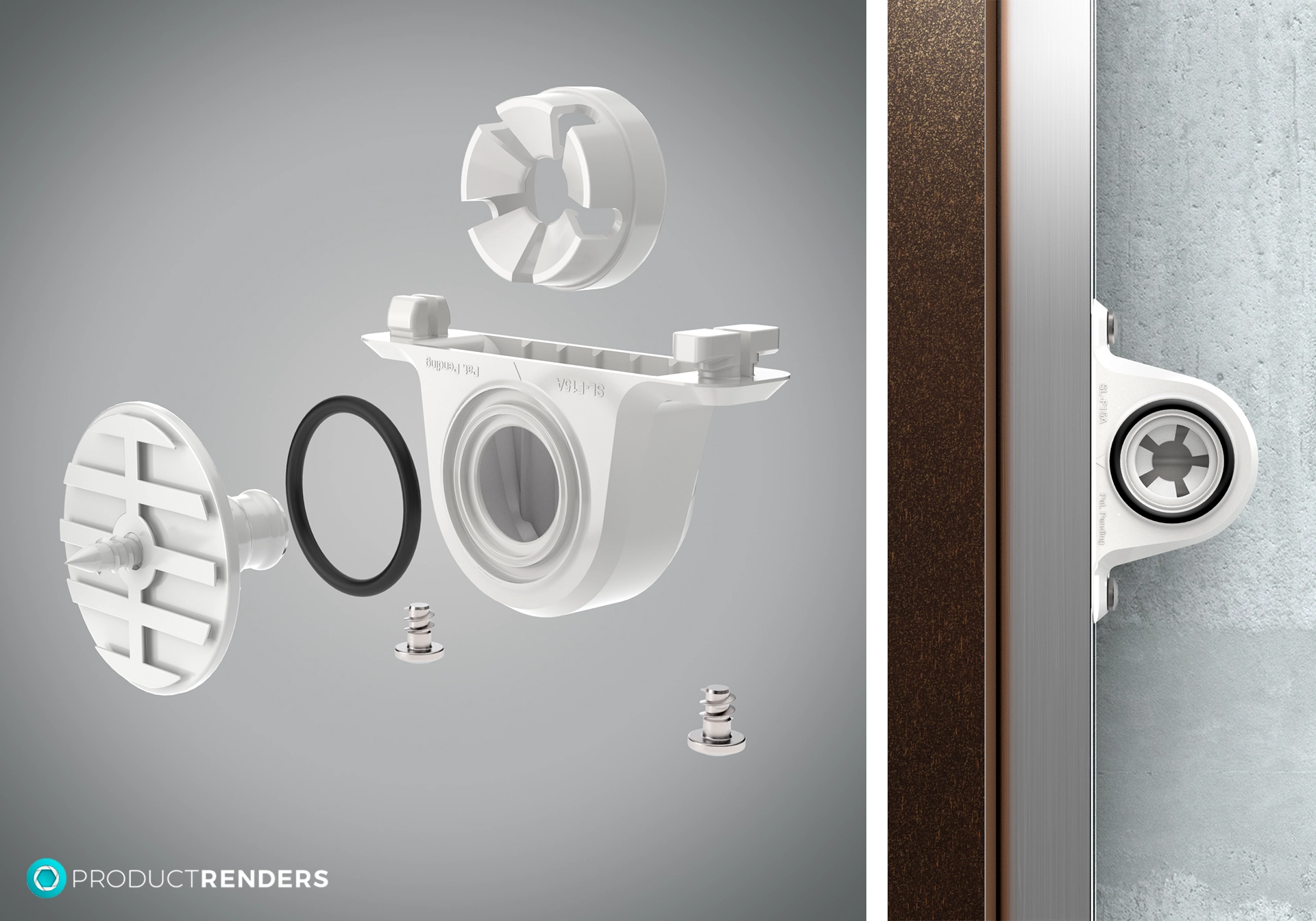 A disassembled and assembled view of a door hinge, with screws, a rubber gasket, and a metal plate.