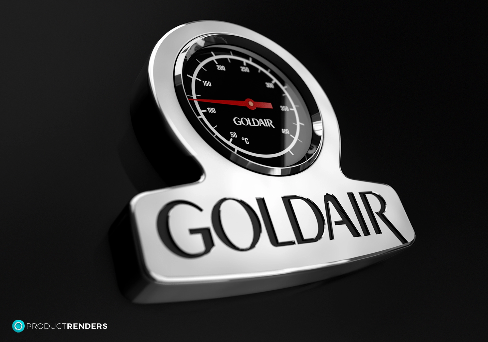 A silver GolDAIR logo and temperature gauge with a red needle.