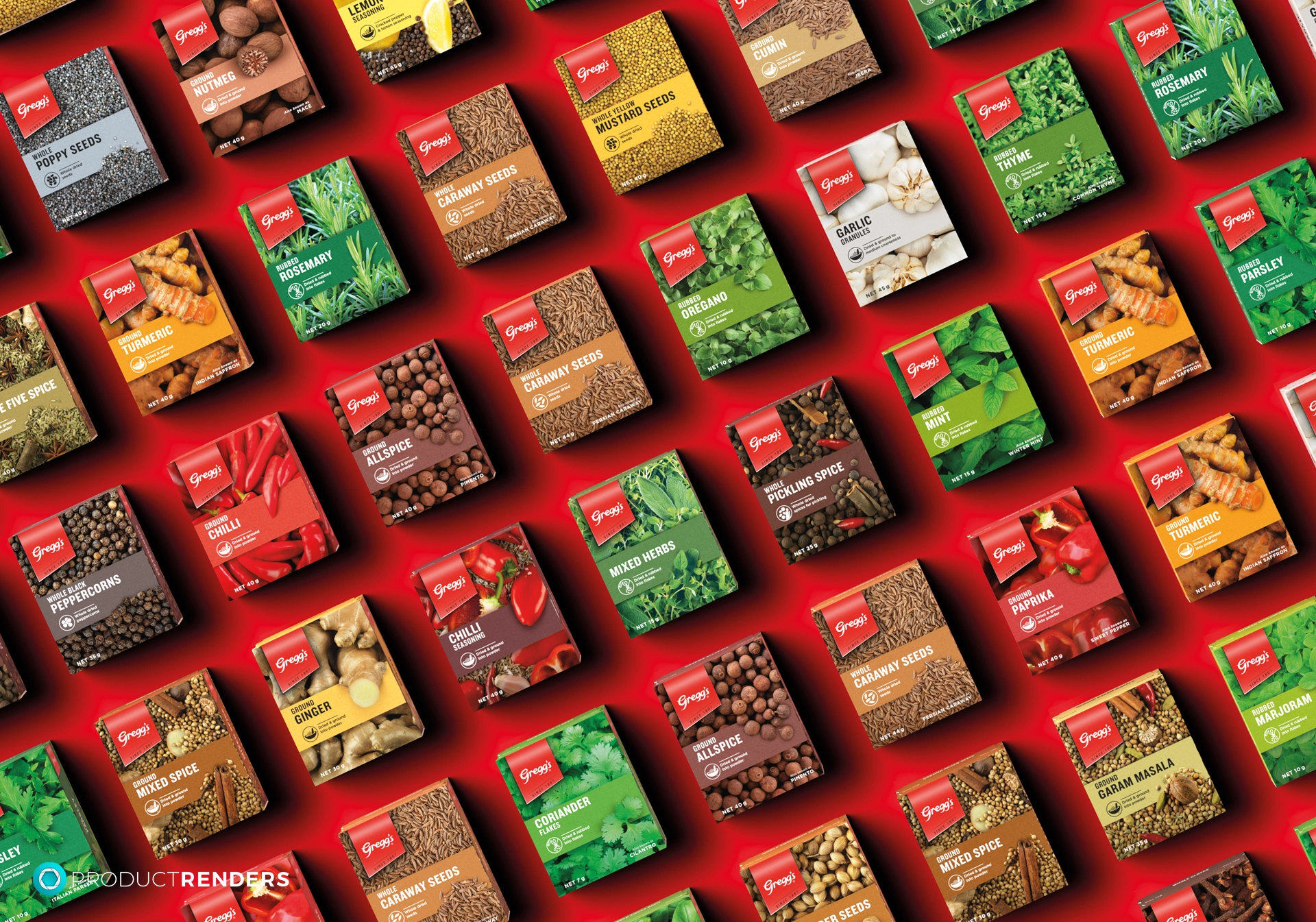 A variety of Gregg's spices and herbs arranged in a grid pattern on a red background.