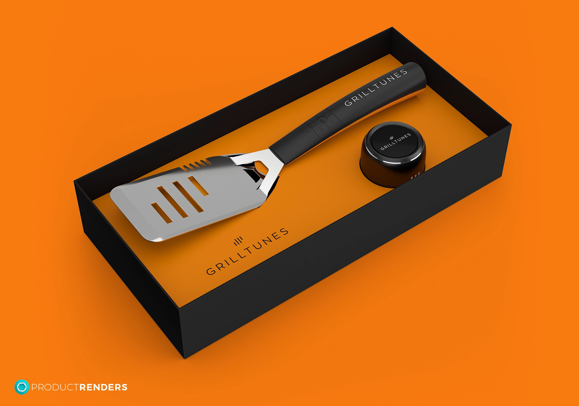 A black gift box containing a GrillTunes spatula and one GrillTunes speaker.